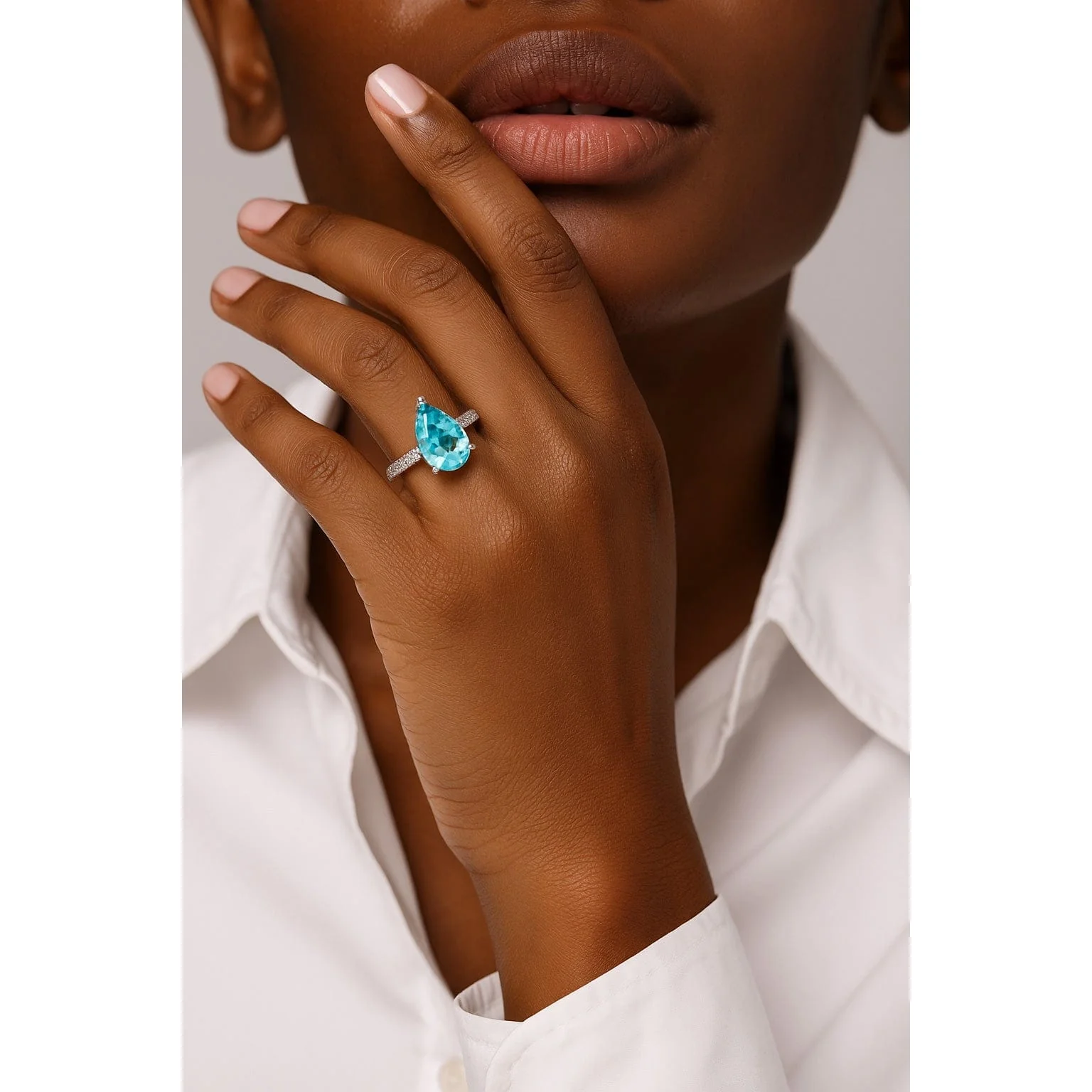 8*12mm Pear Modified Brilliant Cut Fancy Vivid Blue Ice-Frosted Sparkle Lab Zircon - Pave Classic Engagement Ring White Gold Plated - Image 2