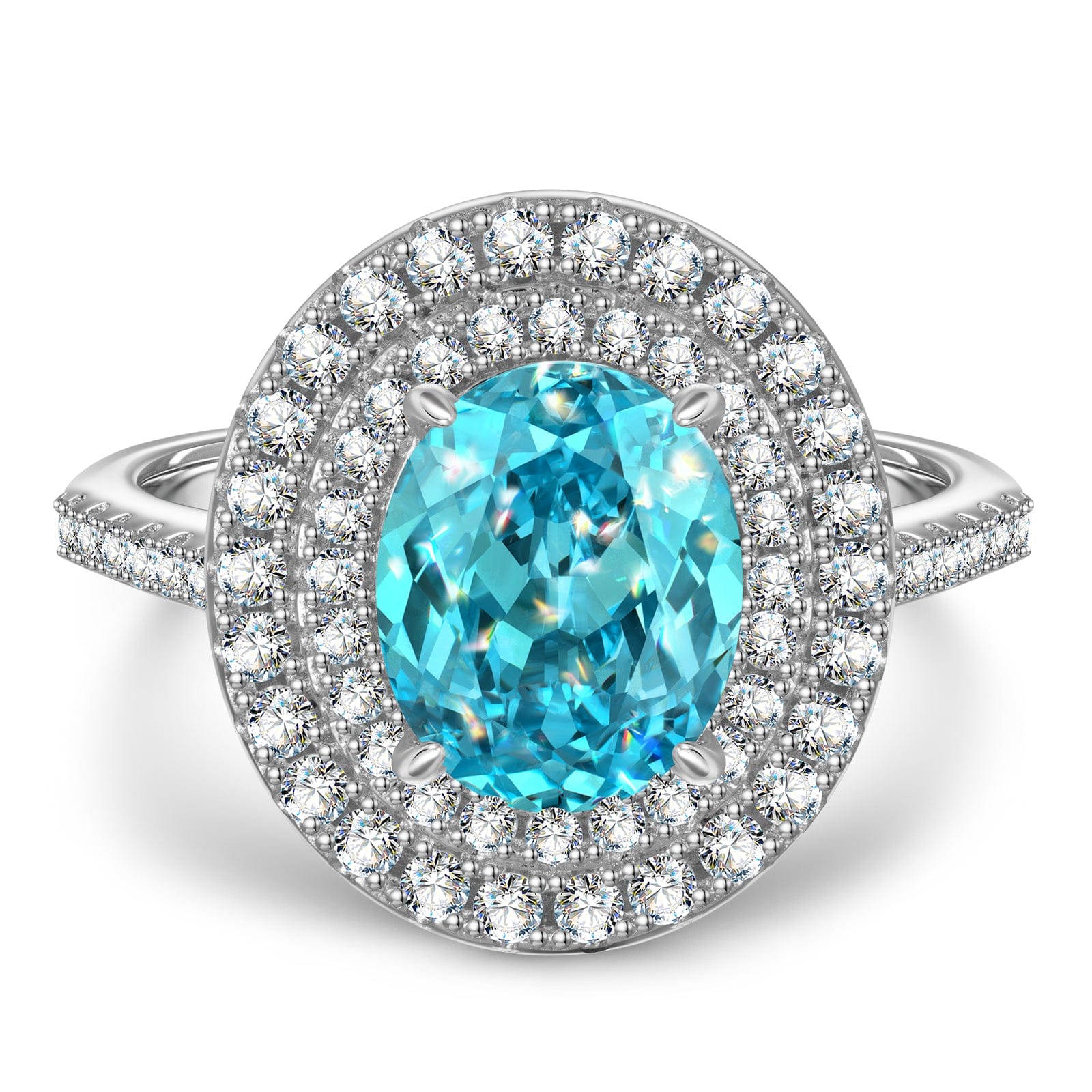 8*10mm Oval Modified Brilliant Cut Fancy Vivid Blue Ice-Frosted Sparkle Lab Zircon - Halo Classic Engagement Ring White Gold Plated