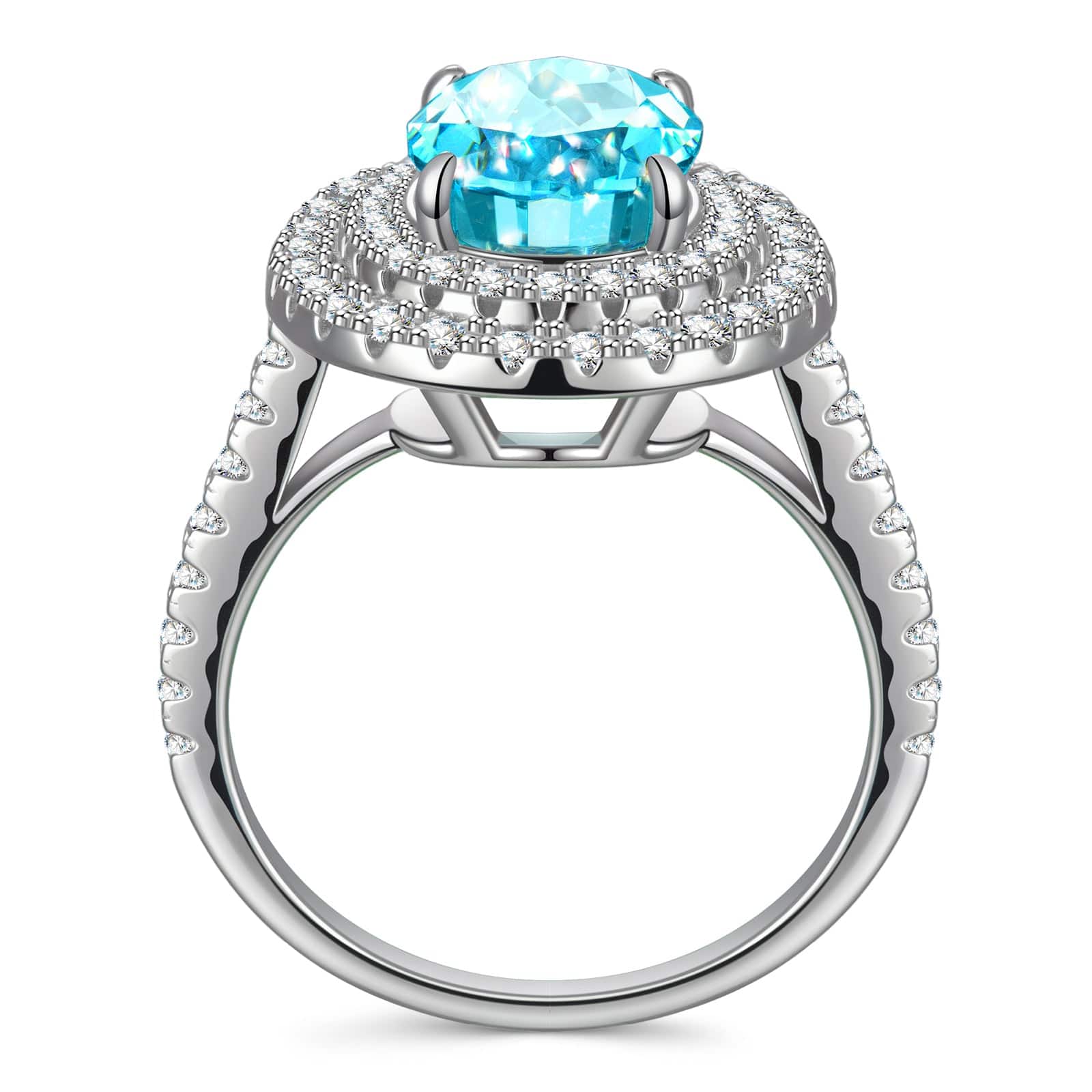 8*10mm Oval Modified Brilliant Cut Fancy Vivid Blue Ice-Frosted Sparkle Lab Zircon - Halo Classic Engagement Ring White Gold Plated - Image 3