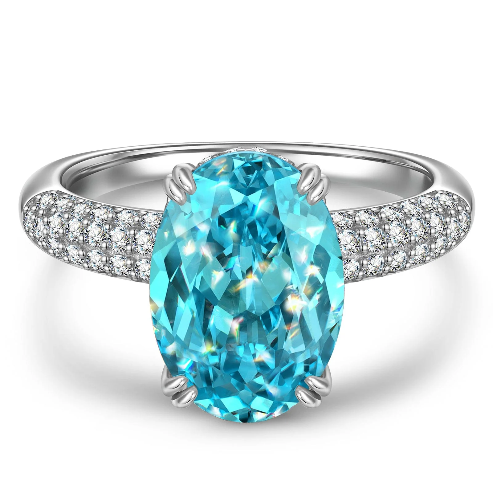 9*11mm Oval Modified Brilliant Cut Fancy Vivid Blue Ice-Frosted Sparkle Lab Zircon - Pave Classic Engagement Ring White Gold Plated