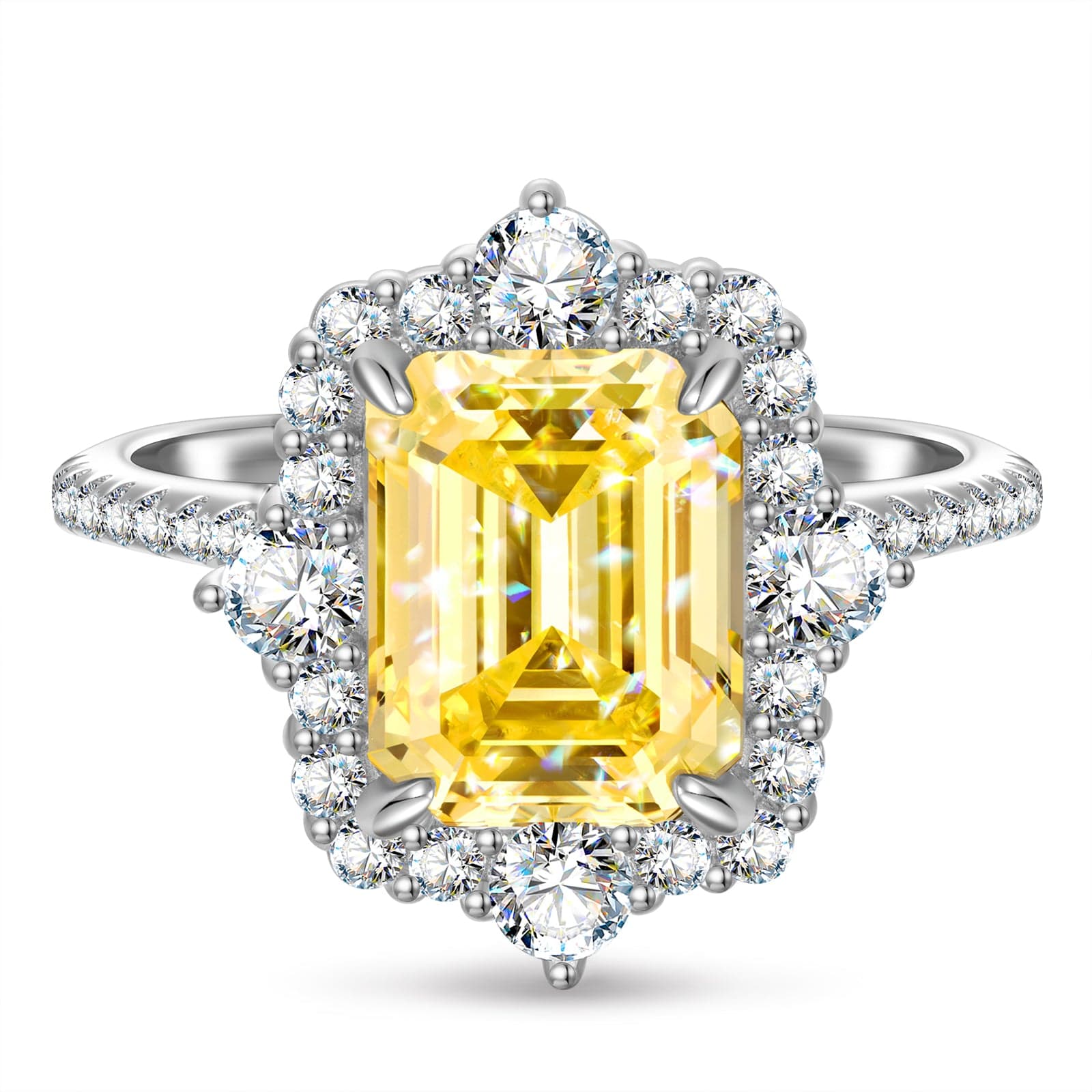 8*10mm Emerald Modified Brilliant Cut Fancy Vivid Yellow Ice-Frosted Sparkle Lab Zircon - Halo Classic Engagement Ring White Gold Plated