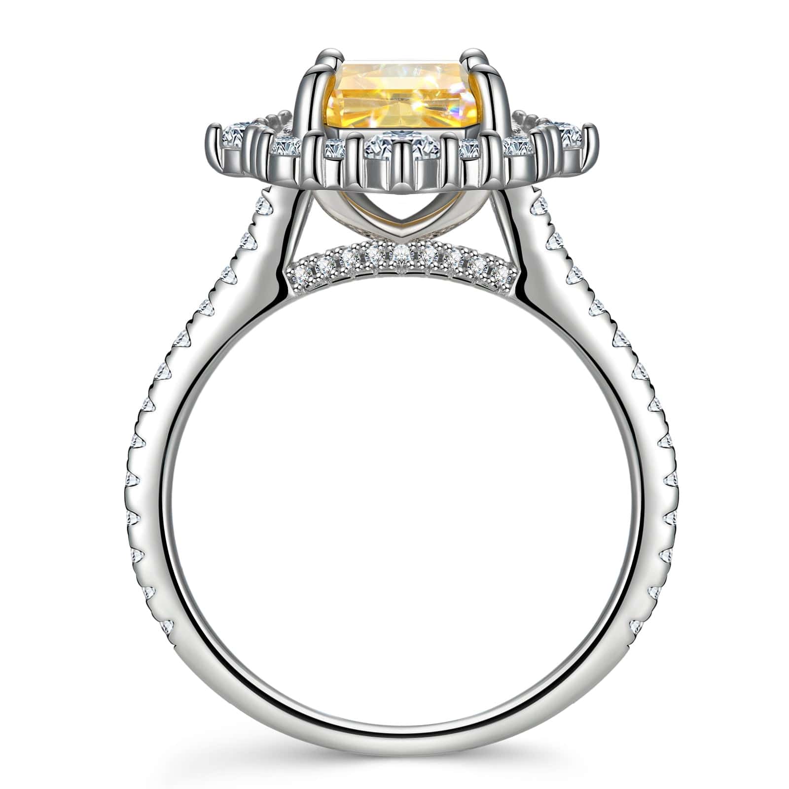 8*10mm Emerald Modified Brilliant Cut Fancy Vivid Yellow Ice-Frosted Sparkle Lab Zircon - Halo Classic Engagement Ring White Gold Plated - Image 4