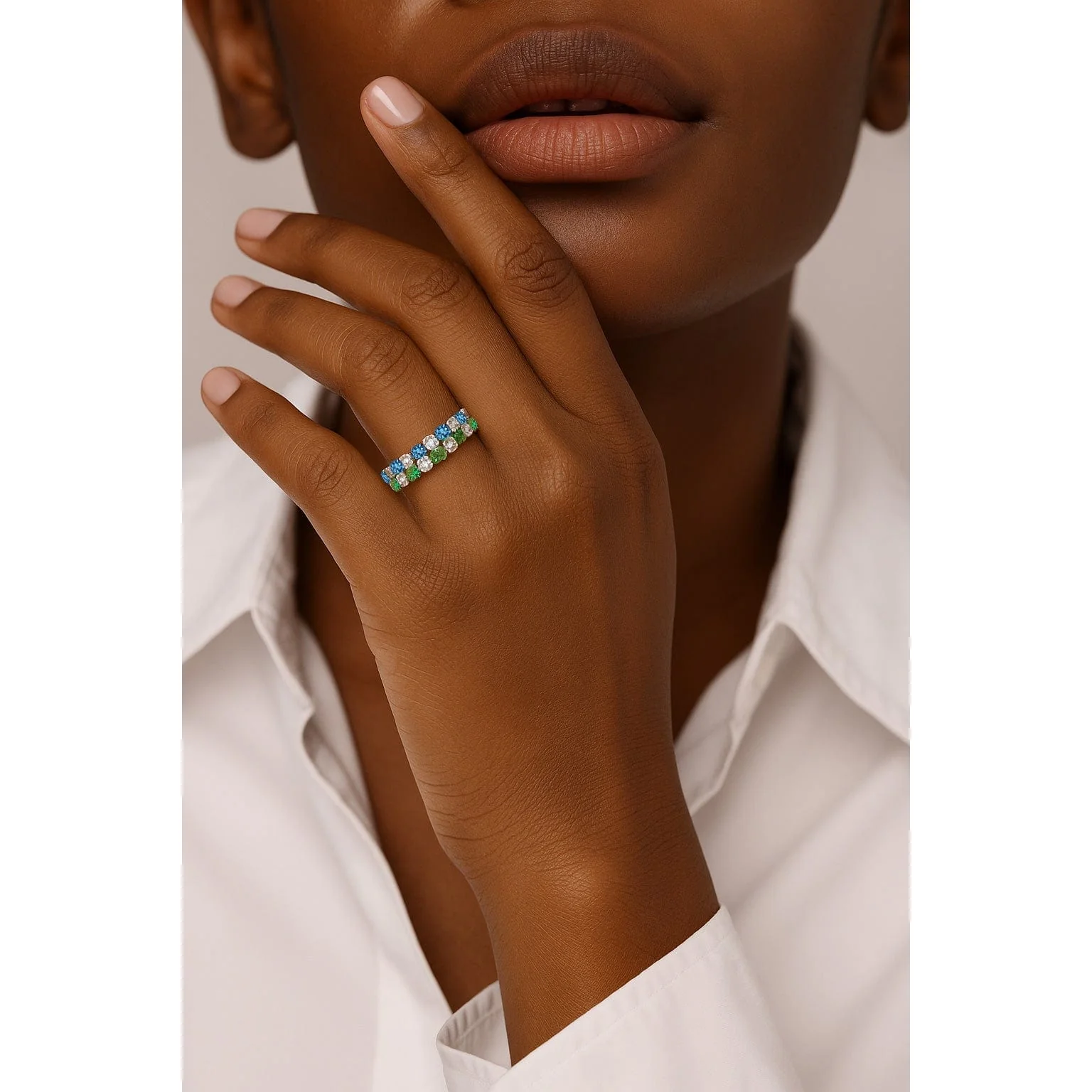 2*2mm Round Brilliant Cut Fancy Vivid Blue Lab Zircon and Mint Green Lab Zircon Stackable Rings Set - Eternity Rings Classic Wedding Bands White Gold Plated - Image 2