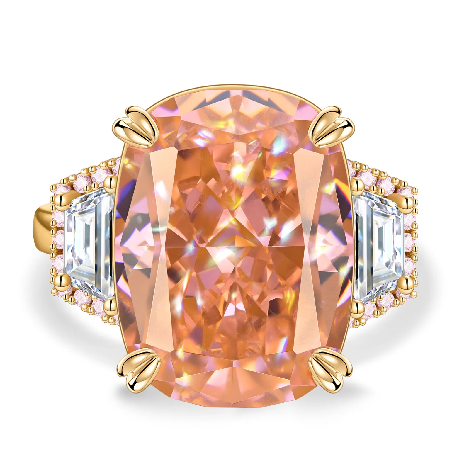 16*12mm Cushion Modified Brilliant Cut Padparadscha Sunset Glow Ice-Frosted Sparkle Lab Zircon - Three Stone Classic Engagement Ring 14K Yellow Gold Plated