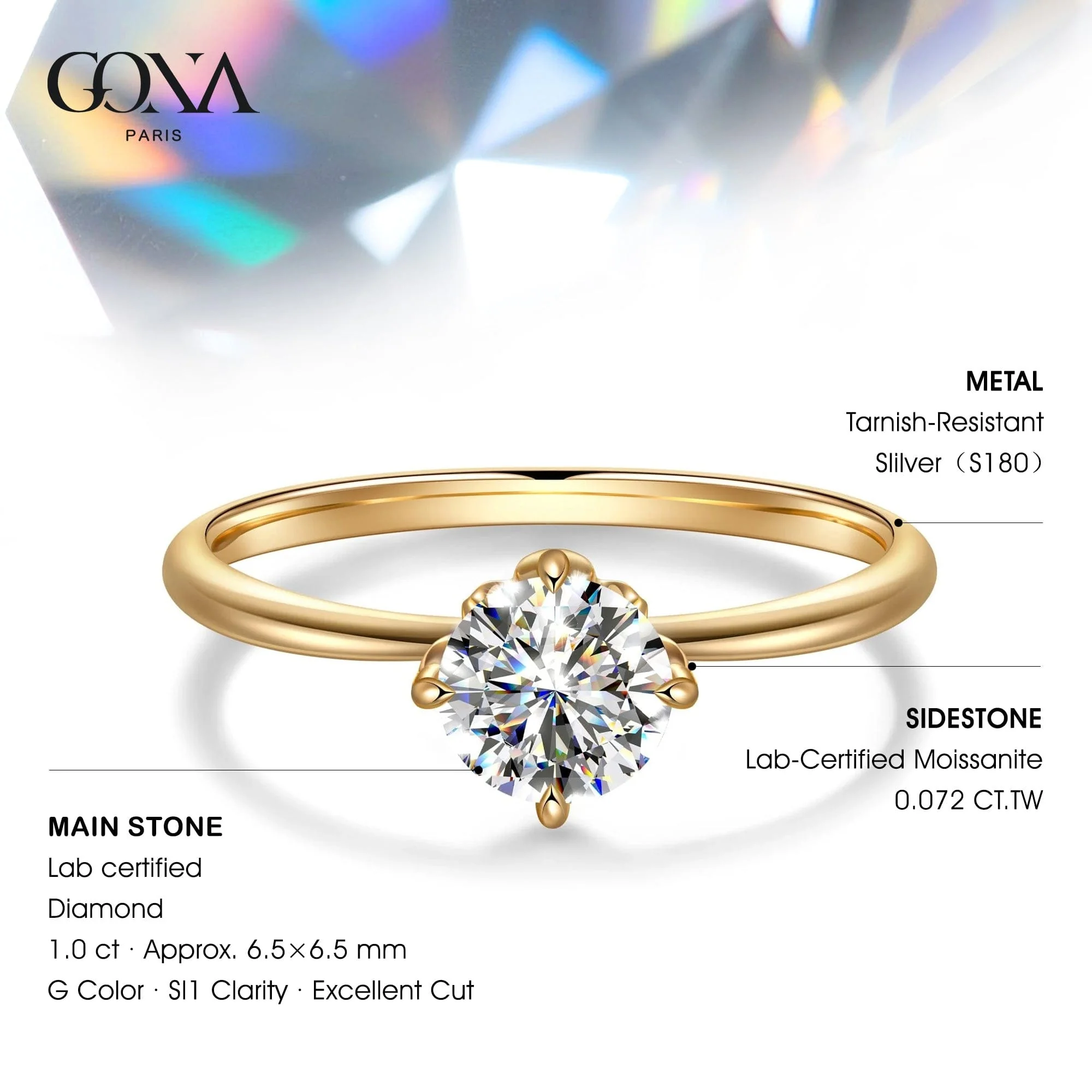 IGI Certified Lab-Grown Round Brilliant Cut Diamond - Hidden Halo Classic Engagement Ring 14K Yellow Gold Plated (Includes IGI Certification from International Gemological Institute) - Image 2