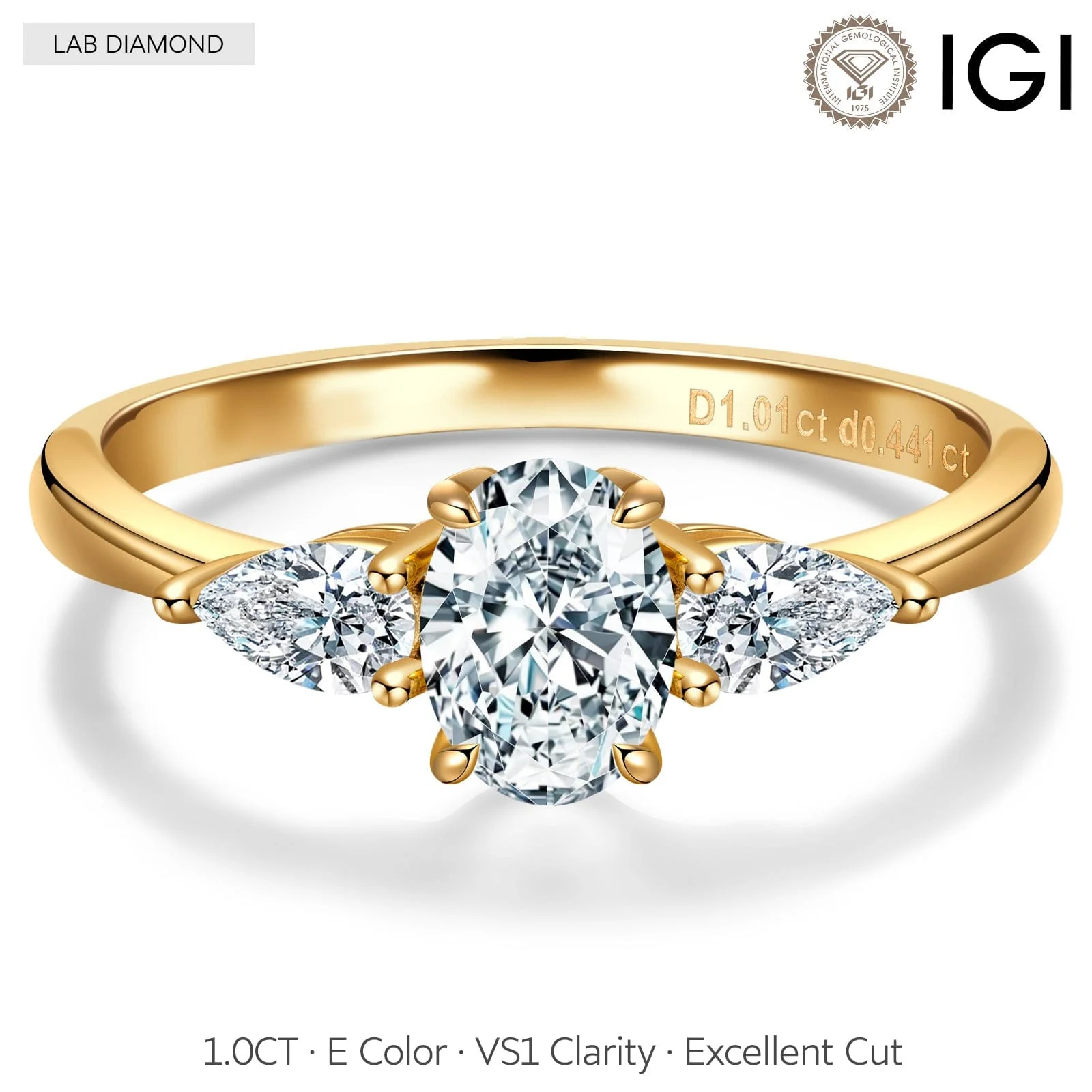 IGI Certified Lab-Grown Oval Brilliant Cut Diamond - Three Stone Classic Engagement Ring 14K Yellow Gold Plated (Includes IGI Certification from International Gemological Institute)