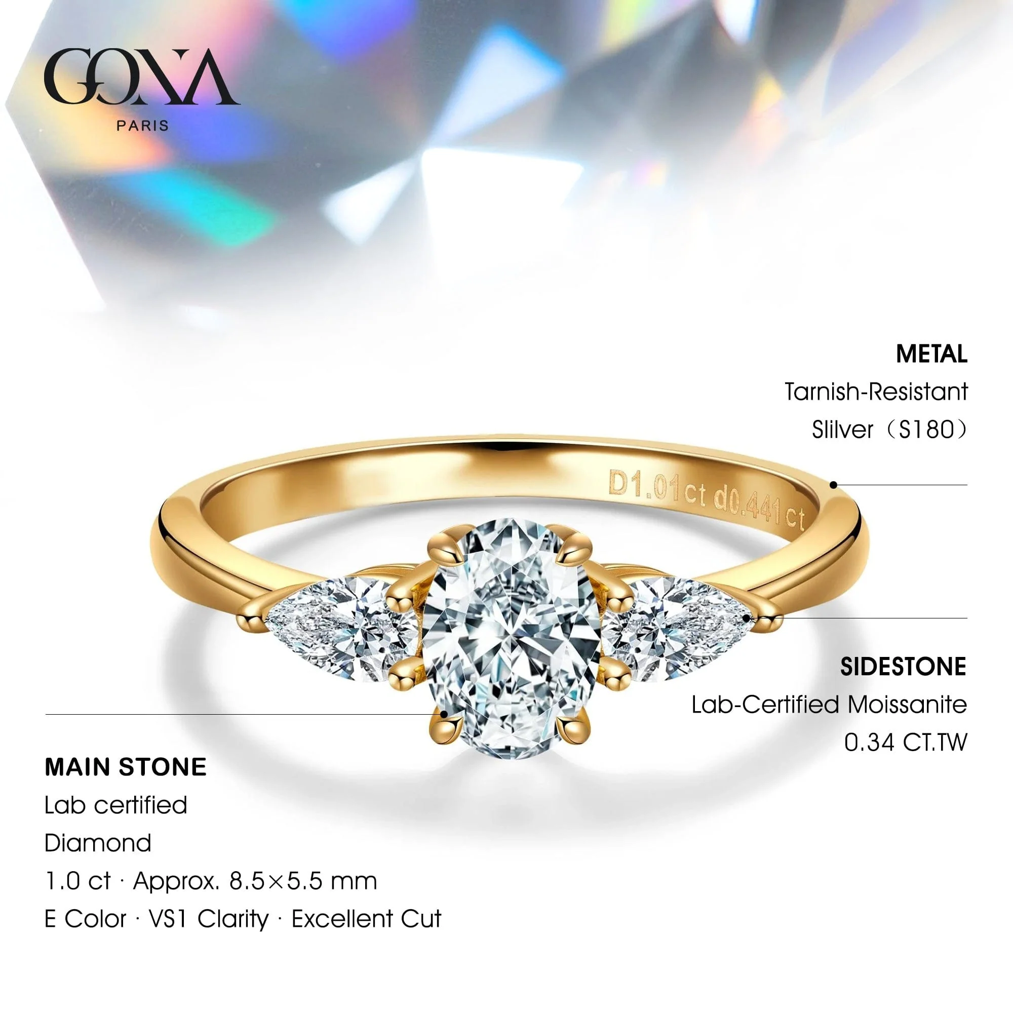 IGI Certified Lab-Grown Oval Brilliant Cut Diamond - Three Stone Classic Engagement Ring 14K Yellow Gold Plated (Includes IGI Certification from International Gemological Institute) - Image 2