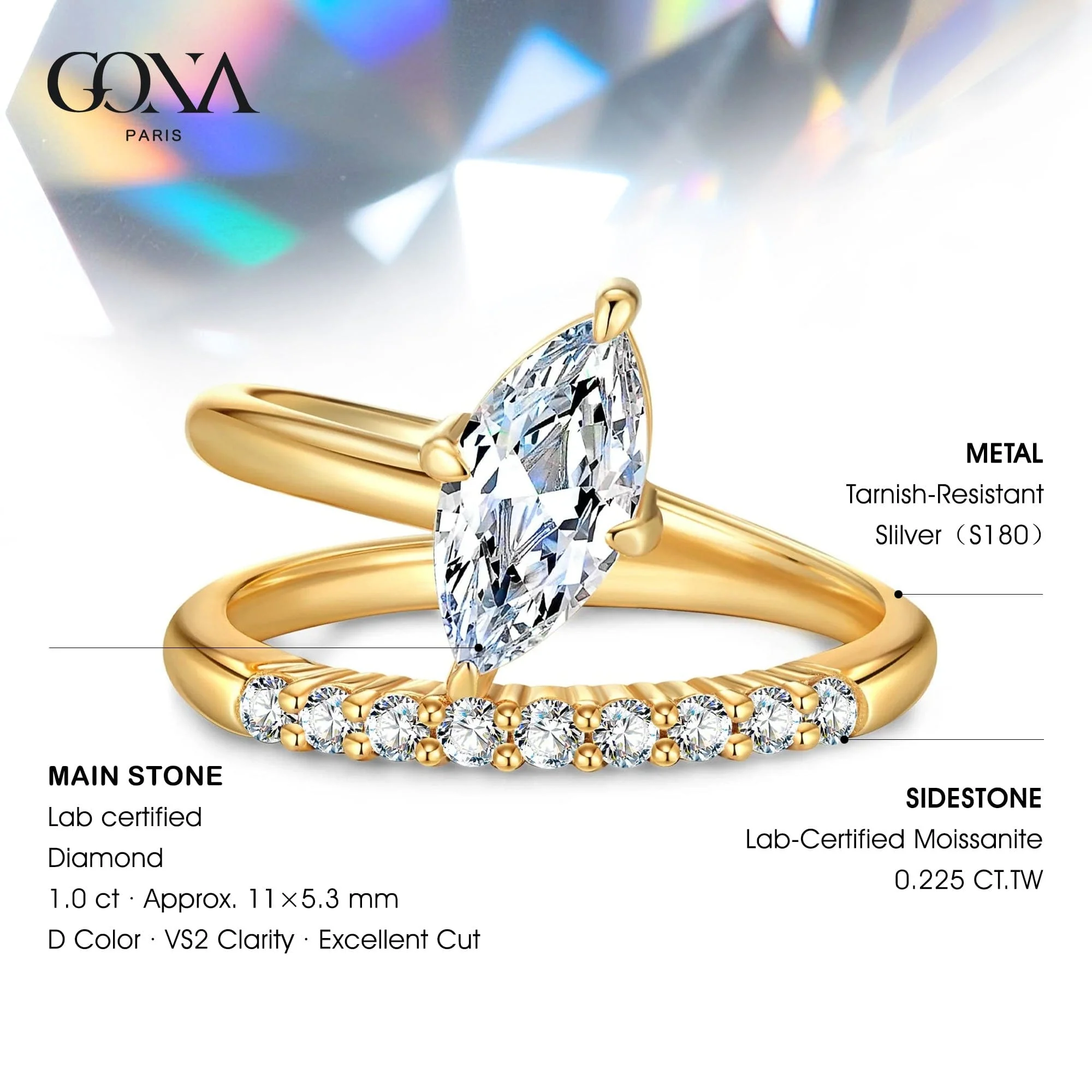 IGI Certified Lab-Grown Marquise Brilliant Cut Diamond - Pave Classic Engagement Ring 14K Yellow Gold Plated (Includes IGI Certification from International Gemological Institute) - Image 2