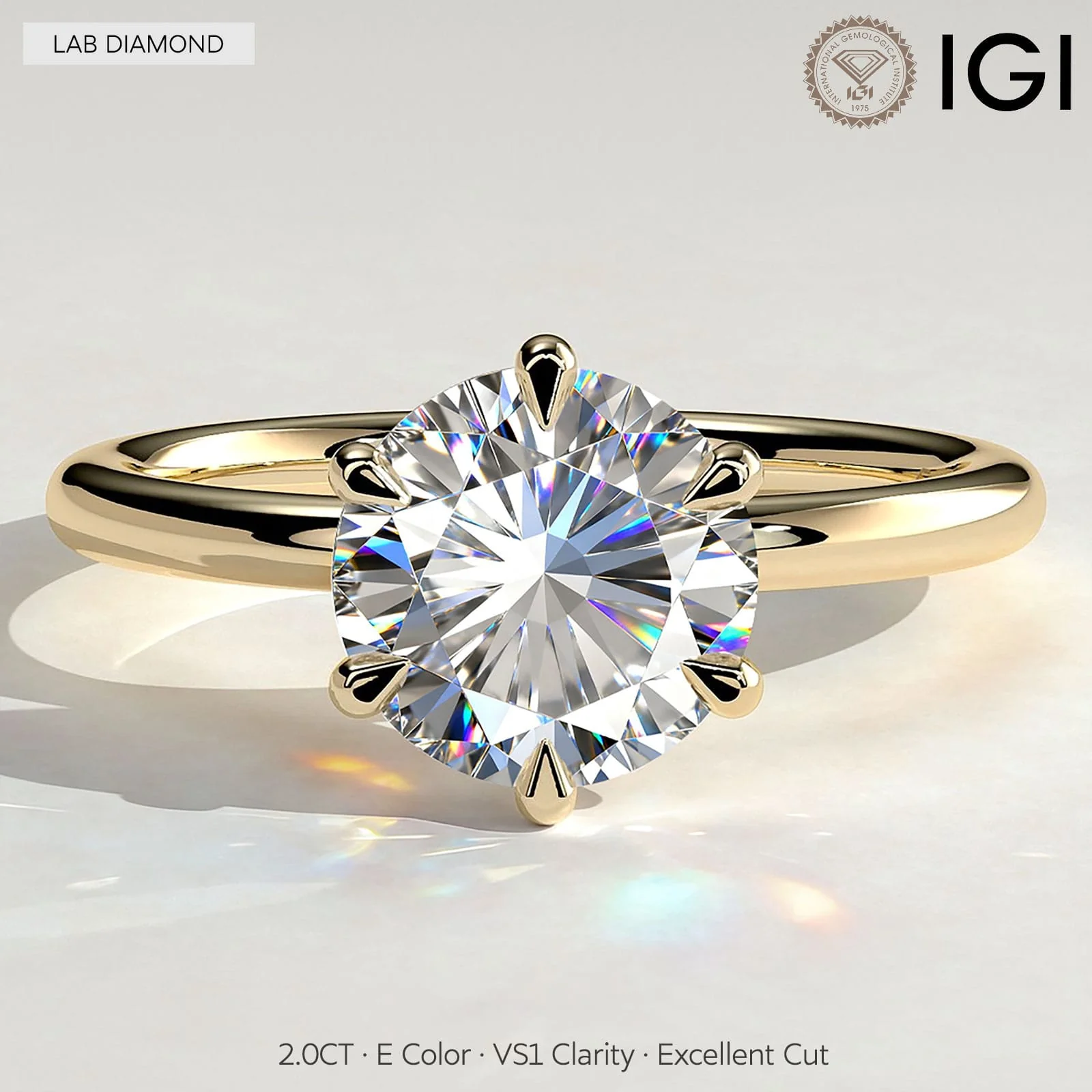 2ct Round Lab-Grown Diamond Solitaire Ring with Claw Setting Tarnish-resistant Silver In 14K Gold Plated (Includes IGI Certification from International Gemological Institute)