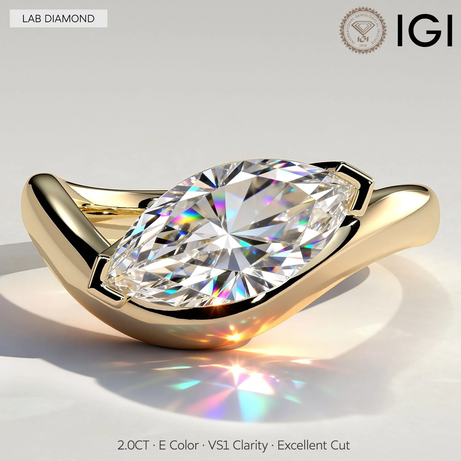 2ct Marquise Lab-Grown Diamond Ring in East-West Setting with Wave Band Claw Setting Tarnish-resistant Silver In 14K Gold Plated (Includes IGI Certification from International Gemological Institute)
