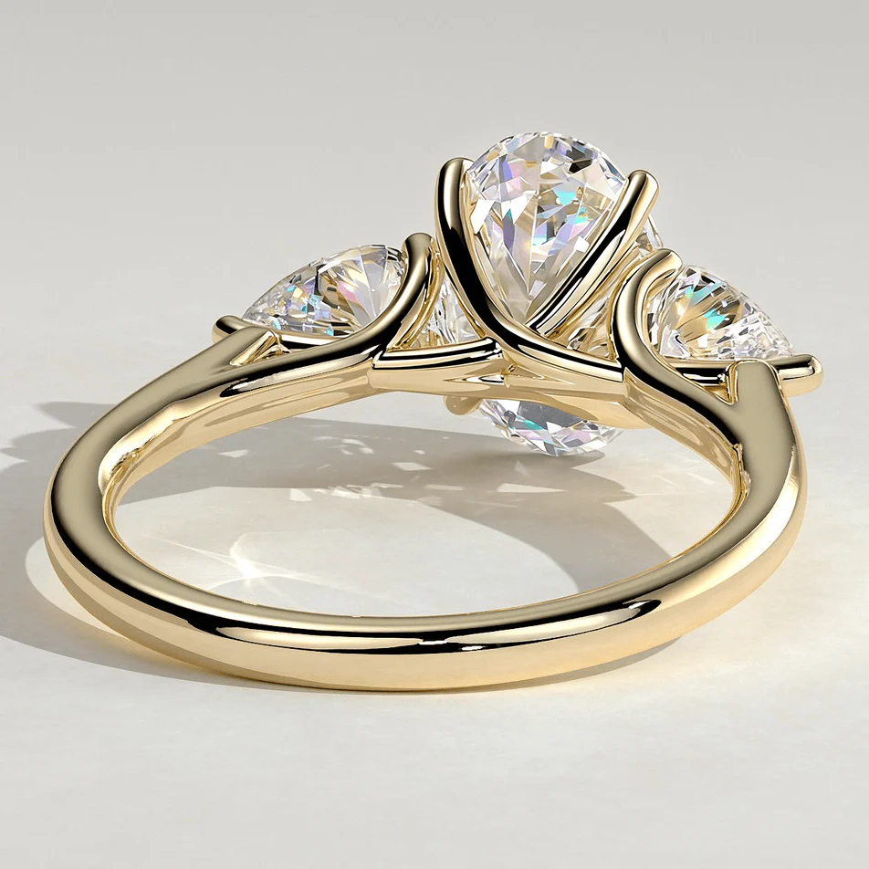2ct Oval Lab-Grown Diamond Three-Stone Ring with Pear Accent Stones (Moissanite) Open Trellis Gallery Claw Setting Tarnish-resistant Silver In 14K Gold Plated (Includes IGI Certification from International Gemological Institute) - Image 4