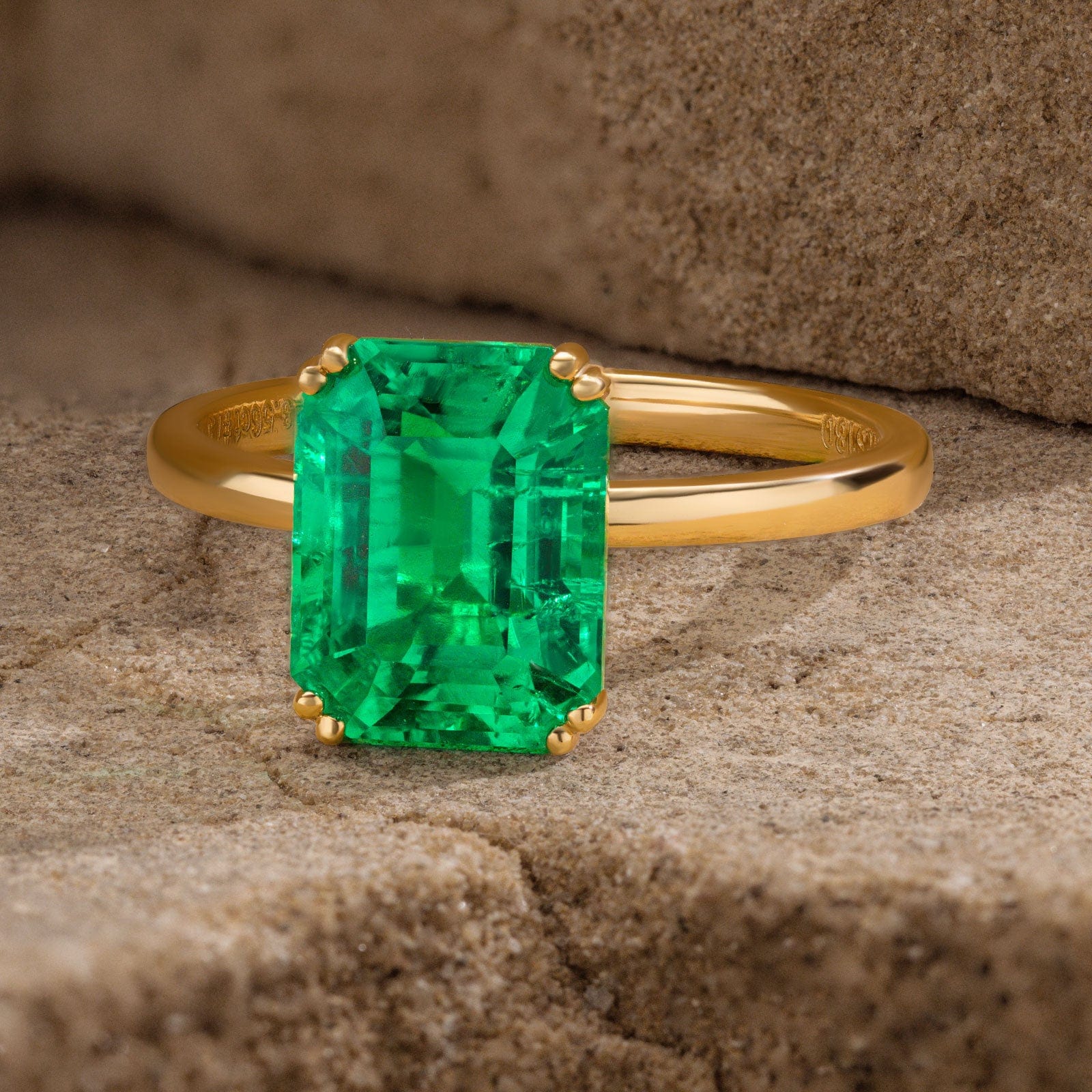 Emerald-Cut Vivid Colombian Green Lab-Certified Emerald - Solitaire Classic Engagement Ring 14K Yellow Gold Plated (Includes GRC Certification from Gemstone Research Center) - Image 4