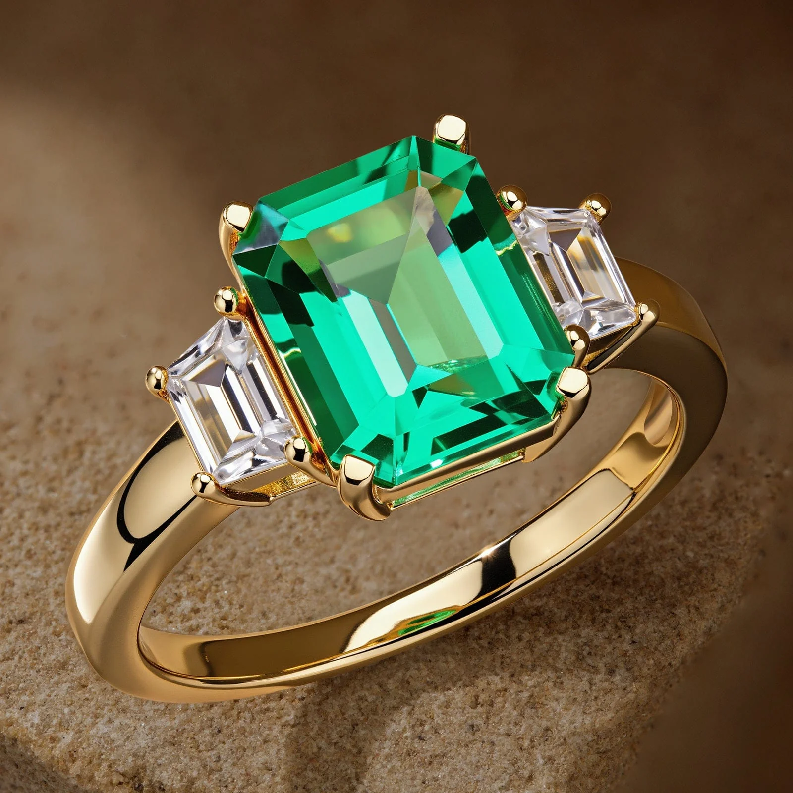 Emerald-Cut Vivid Colombian Green Lab-Certified Emerald - Three Stone Classic Engagement Ring 14K Yellow Gold Plated (Includes GRC Certification from Gemstone Research Center) - Image 4
