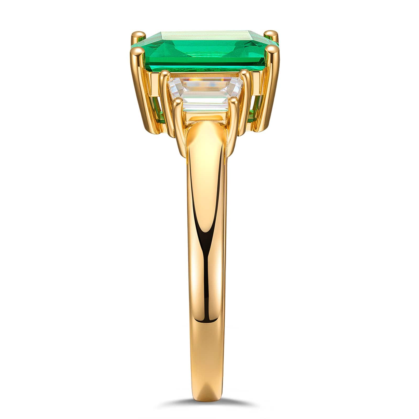 Emerald-Cut Vivid Colombian Green Lab-Certified Emerald - Three Stone Classic Engagement Ring 14K Yellow Gold Plated (Includes GRC Certification from Gemstone Research Center) - Image 6