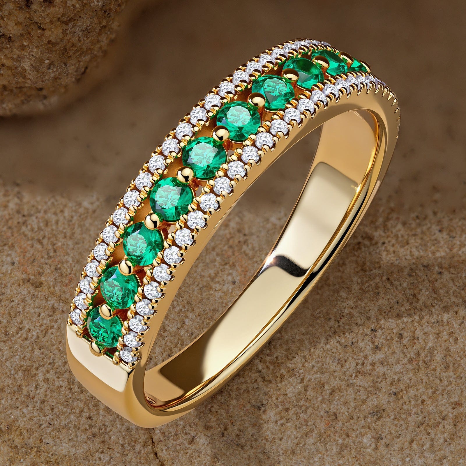 Round Brilliant Cut Vivid Colombian Green Lab-Certified Emerald - Half Eternity Ring 14K Yellow Gold Plated (Includes GRC Certification from Gemstone Research Center) - Image 5