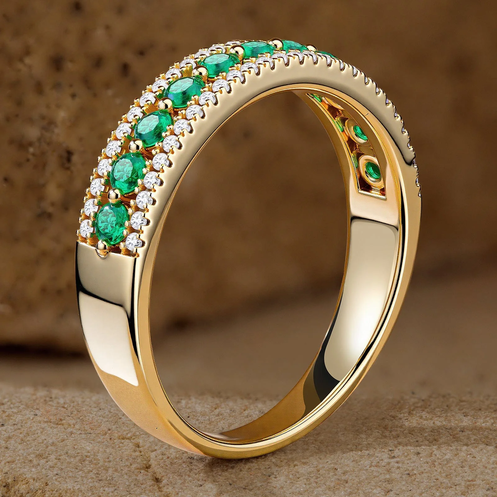 Round Brilliant Cut Vivid Colombian Green Lab-Certified Emerald - Half Eternity Ring 14K Yellow Gold Plated (Includes GRC Certification from Gemstone Research Center) - Image 6