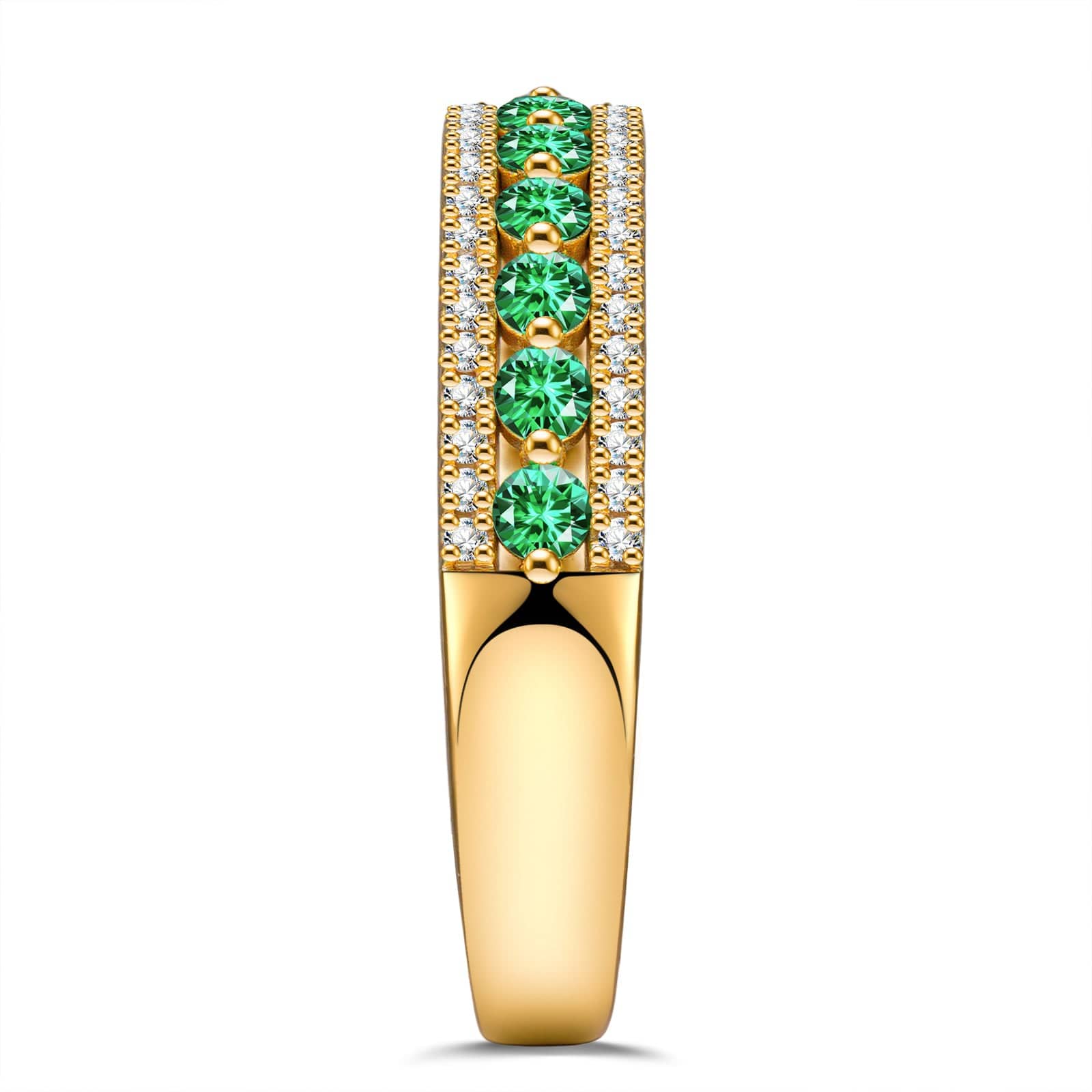 Round Brilliant Cut Vivid Colombian Green Lab-Certified Emerald - Half Eternity Ring 14K Yellow Gold Plated (Includes GRC Certification from Gemstone Research Center) - Image 8