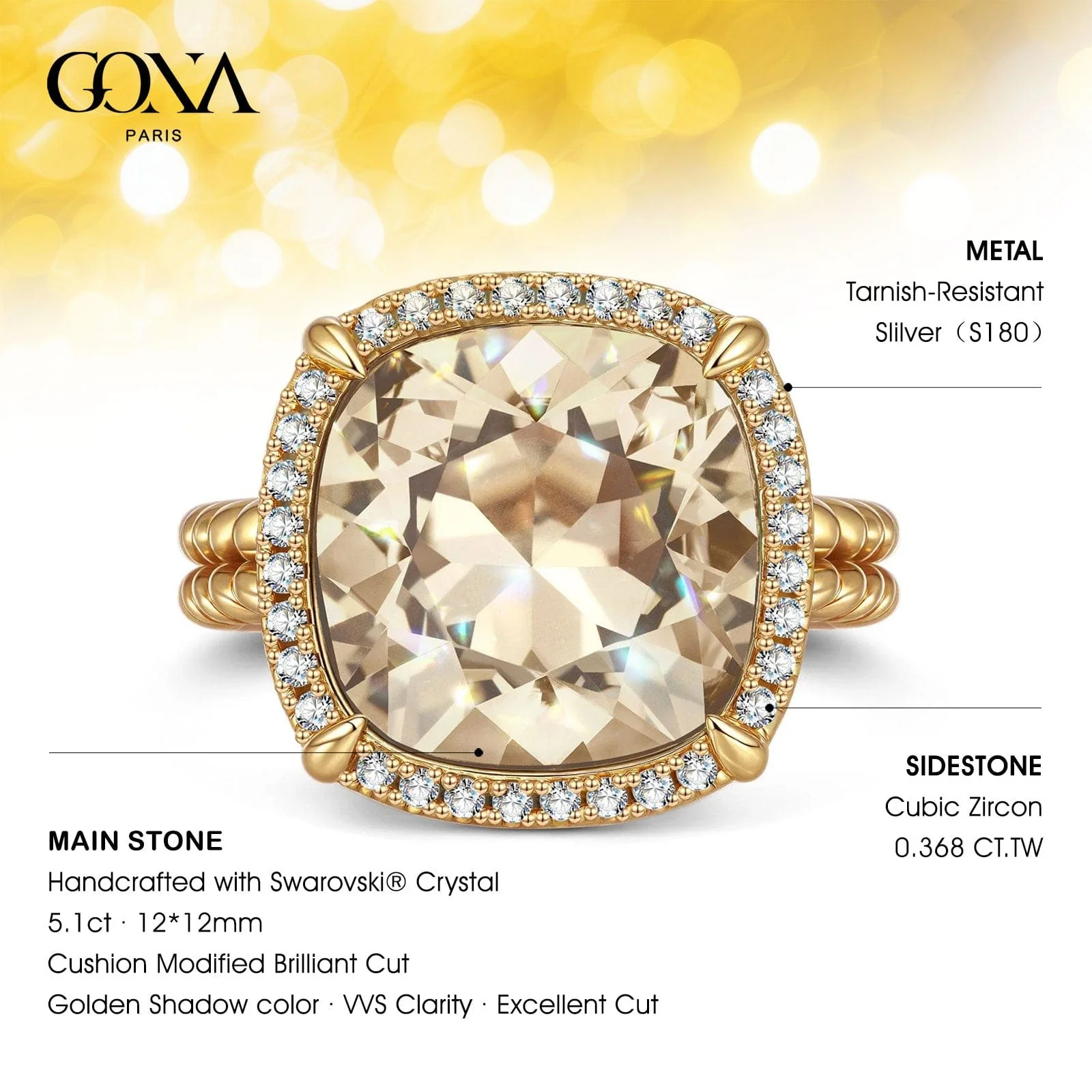 Created With Swarovski® Crystals - Cushion Modified Brilliant Cut Golden Shadow Color Halo Classic Engagement Ring 14K Yellow Gold Plated - Image 3