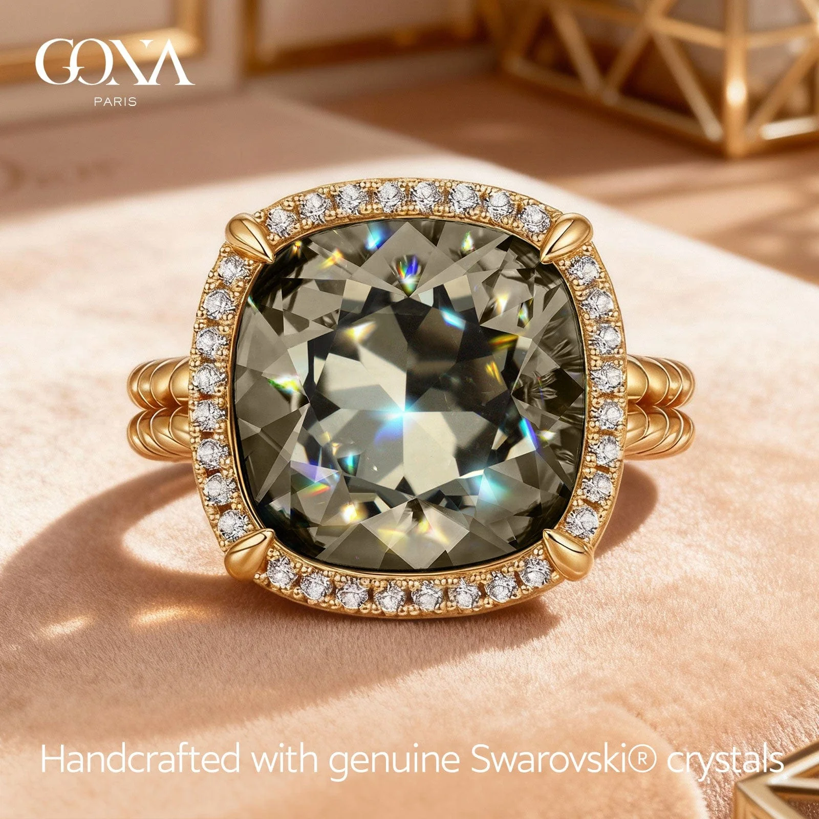 Created With Swarovski® Crystals - Cushion Modified Brilliant Cut Black Diamond Color Halo Classic Engagement Ring 14K Yellow Gold Plated - Image 4