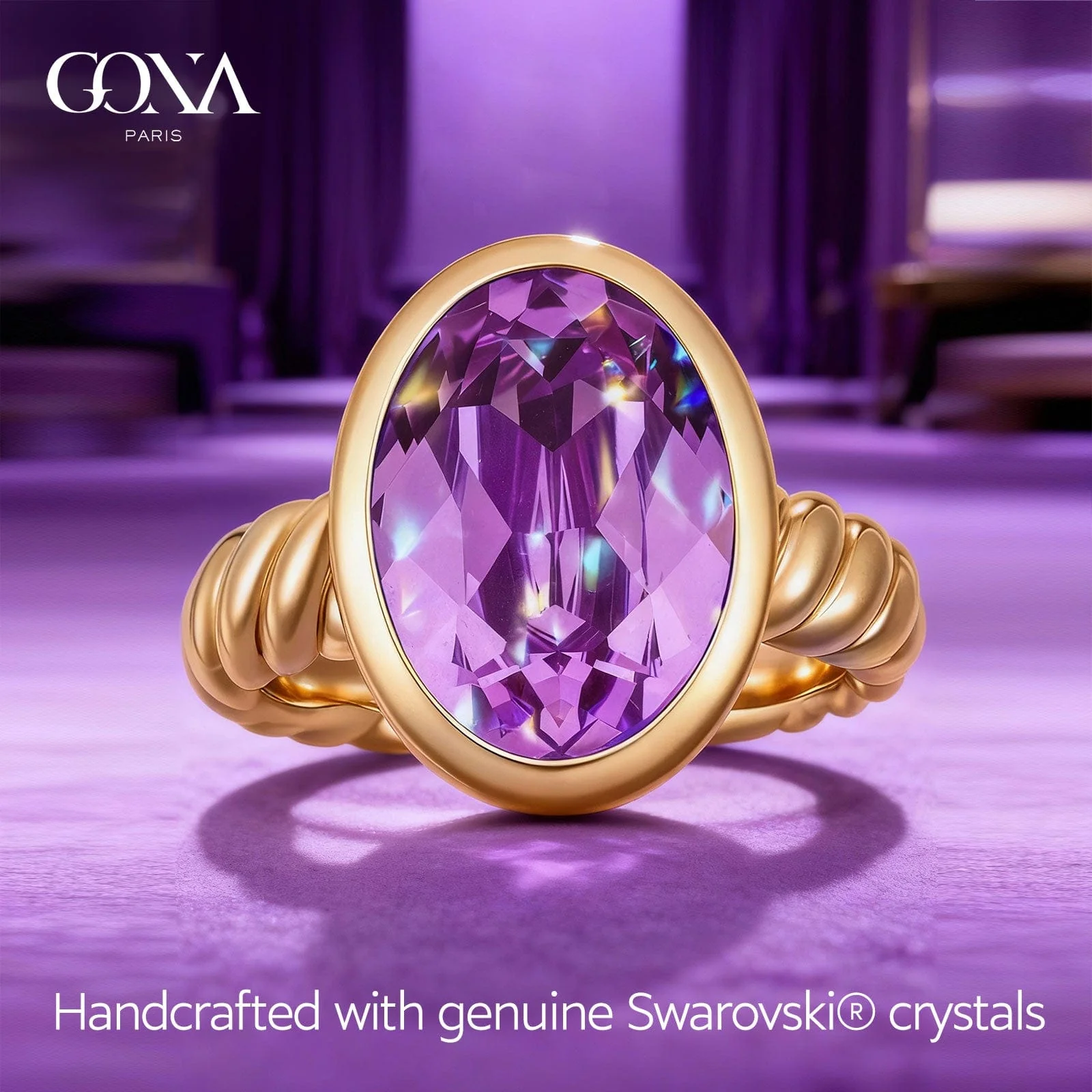 Created With Swarovski® Crystals - Oval Modified Brilliant Cut Violet Moonlight Color Classic Engagement Ring 14K Yellow Gold Plated - Image 5