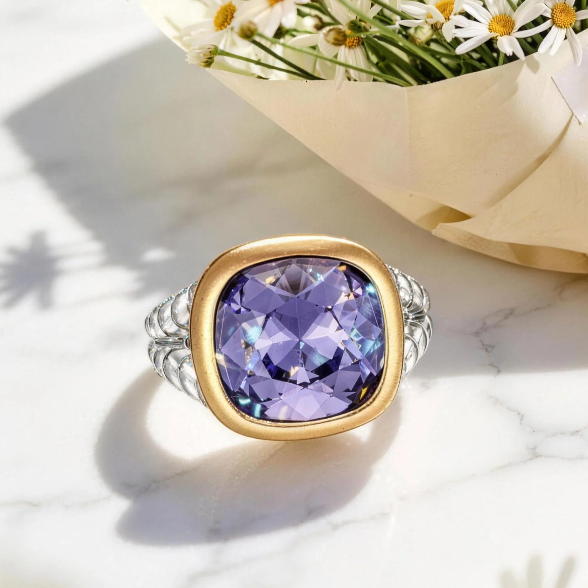 Created With Swarovski® Crystals - Cushion Modified Brilliant Cut Tanzanite Color Classic Engagement Ring Two-Tone Plating