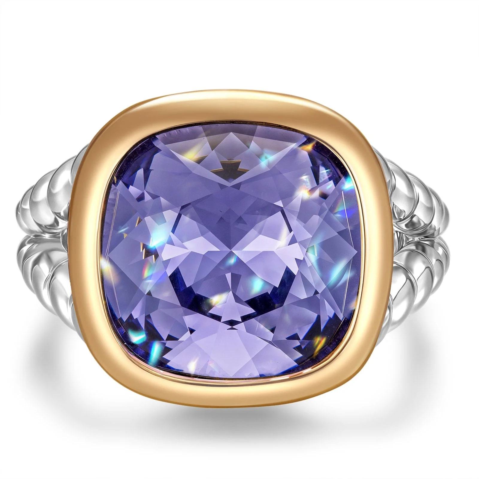 Created With Swarovski® Crystals - Cushion Modified Brilliant Cut Tanzanite Color Classic Engagement Ring Two-Tone Plating - Image 4