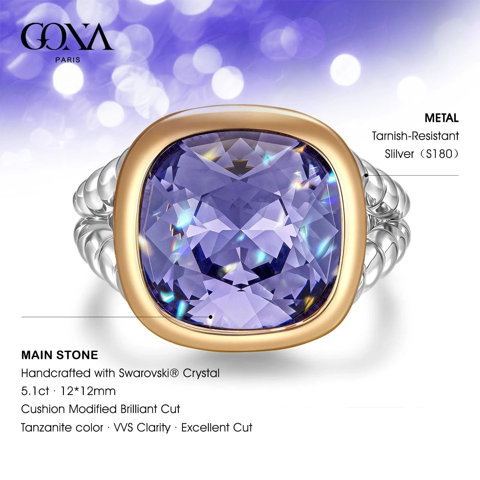 Created With Swarovski® Crystals - Cushion Modified Brilliant Cut Tanzanite Color Classic Engagement Ring Two-Tone Plating - Image 5