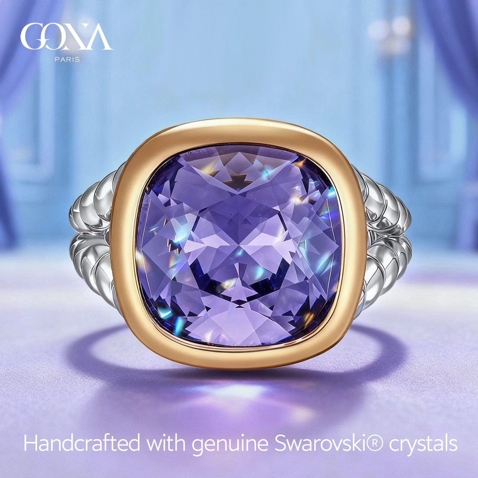 Created With Swarovski® Crystals - Cushion Modified Brilliant Cut Tanzanite Color Classic Engagement Ring Two-Tone Plating - Image 6