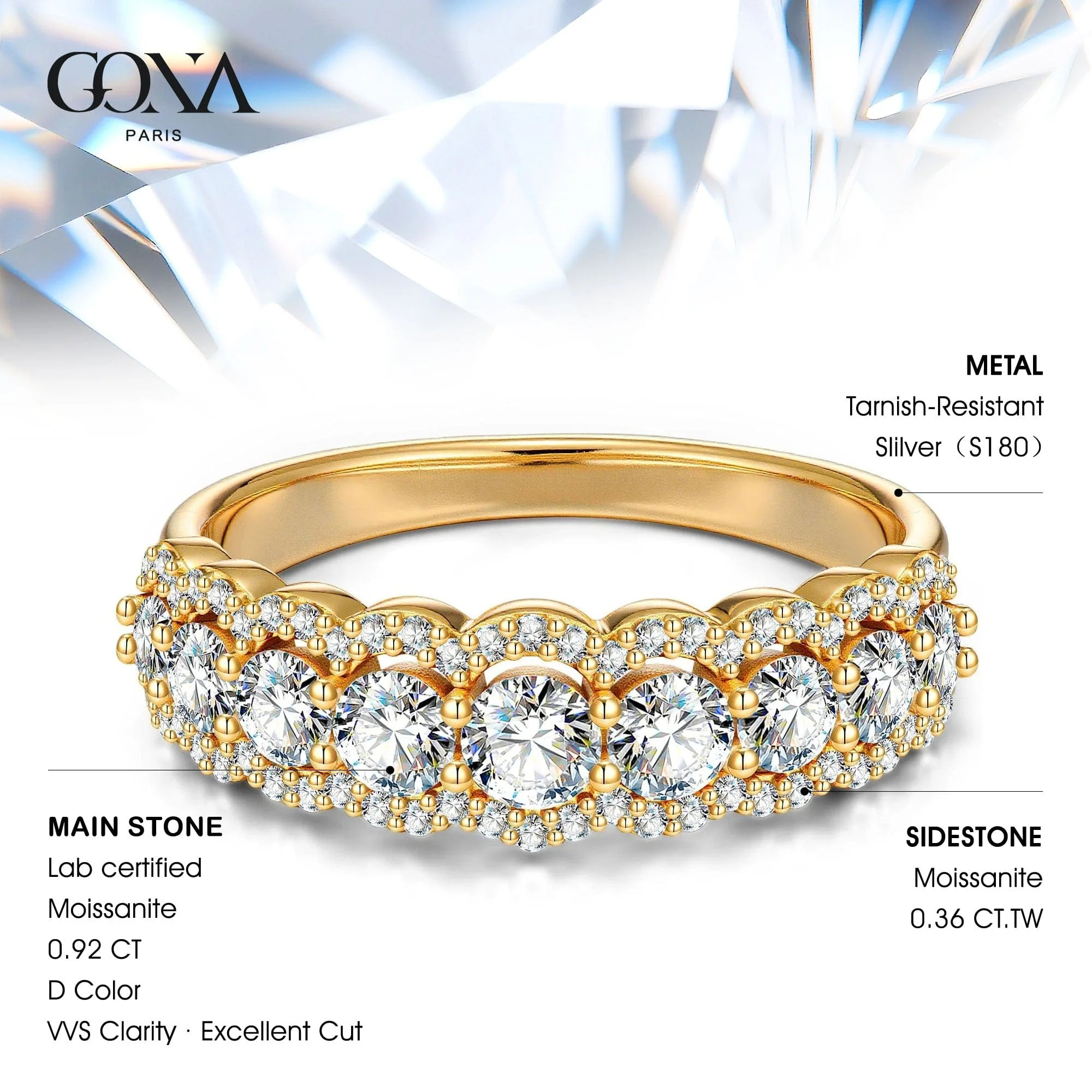 Lab-Certified Round Brilliant Cut Moissanite - Half Eternity Ring 14K Yellow Gold Plated (Includes GRA Certification from Gemological Research Association) - Image 4