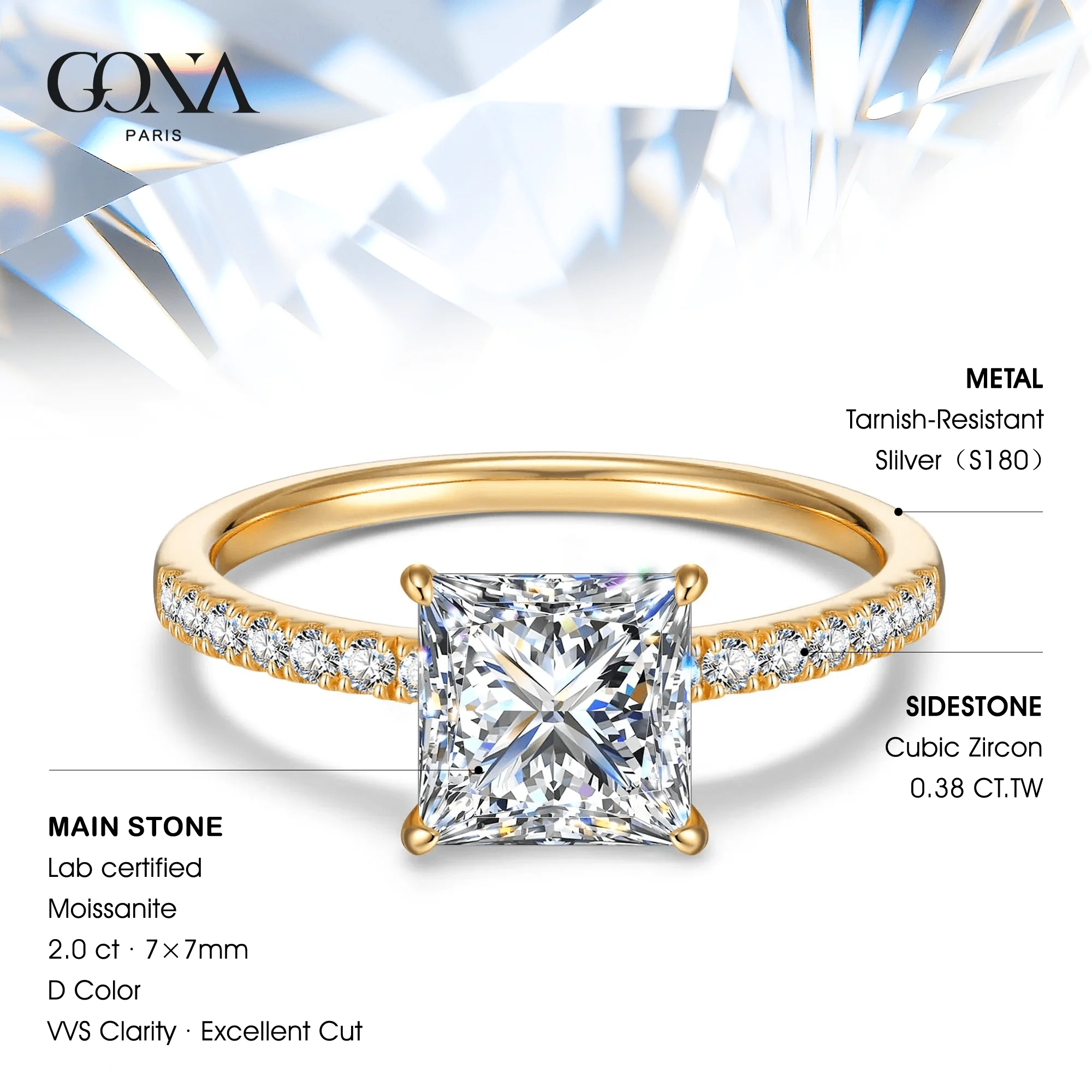 Lab-Certified Princess Cut Moissanite - Hidden Halo Classic Engagement Ring 14K Yellow Gold Plated (Includes GRA Certification from Gemological Research Association) - Image 2