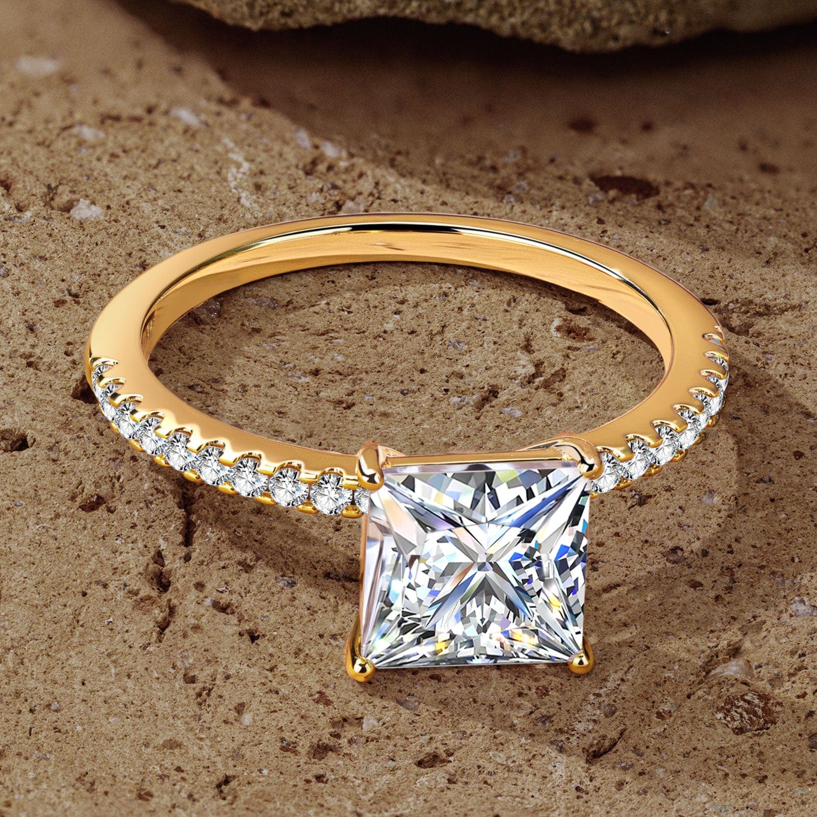 Lab-Certified Princess Cut Moissanite - Hidden Halo Classic Engagement Ring 14K Yellow Gold Plated (Includes GRA Certification from Gemological Research Association) - Image 5