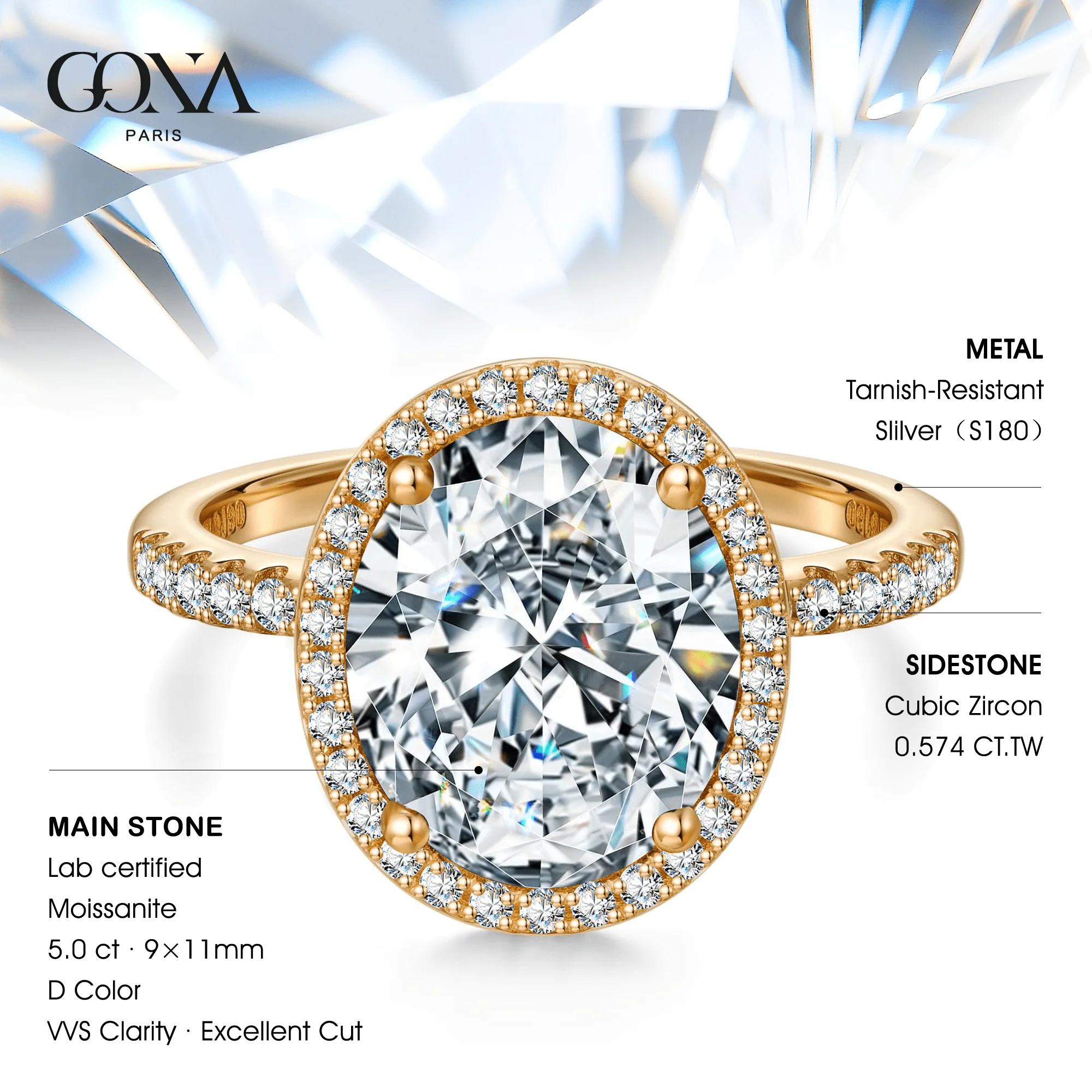 Oval Brilliant Cut Lab-Certified Moissanite - Halo Classic Engagement Ring 14K Yellow Gold Plated (Includes GRA Certification from Gemological Research Association) - Image 5