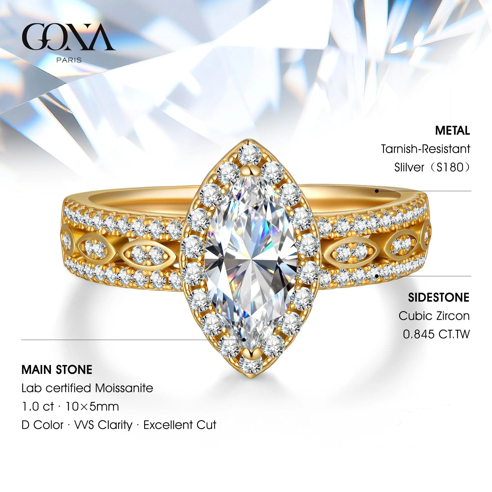 Lab-Certified Marquise Brilliant Cut Moissanite - Halo Classic Engagement Ring 14K Yellow Gold Plated (Includes GRA Certification from Gemological Research Association) - Image 2