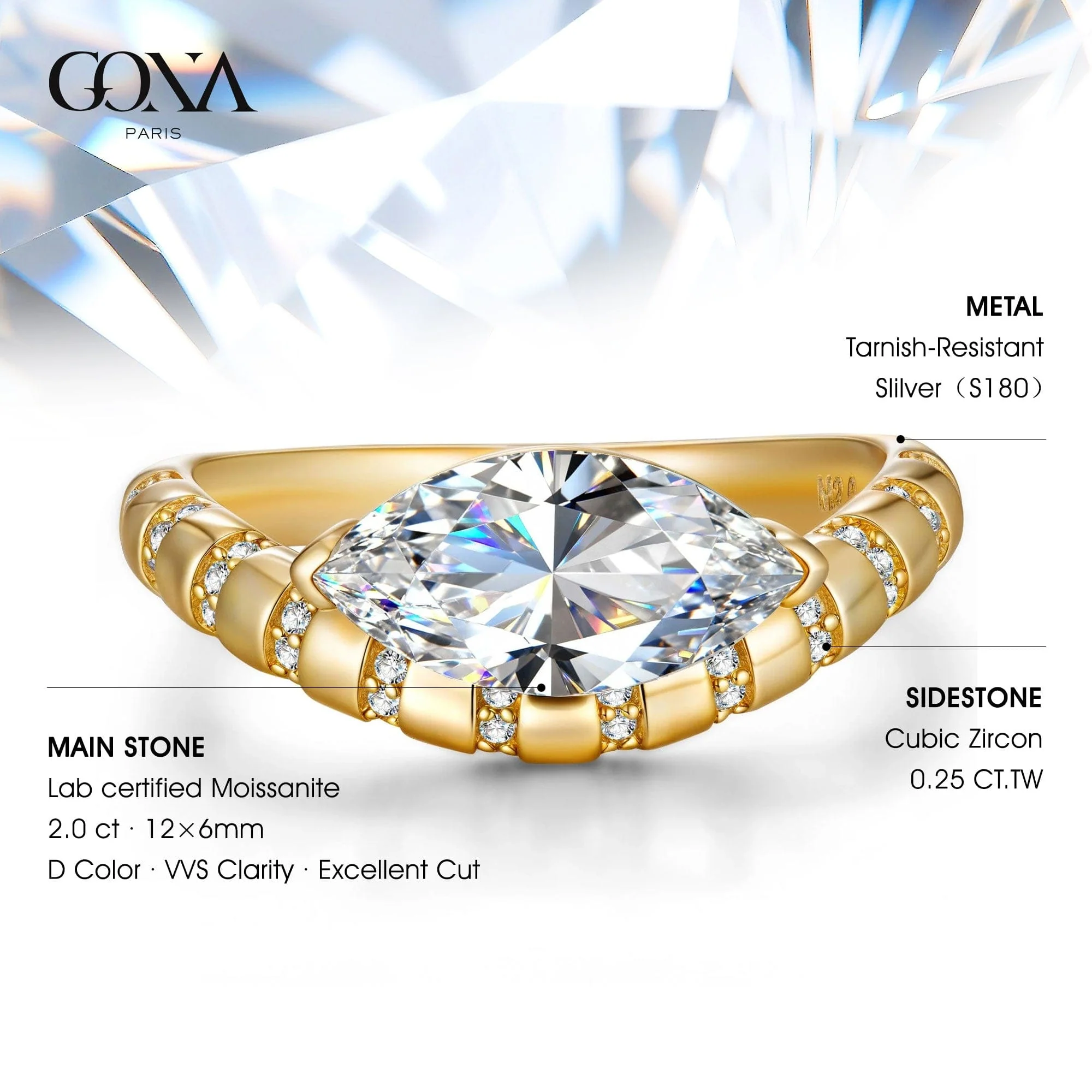 Lab-Certified Marquise Brilliant Cut Moissanite - Halo Classic Engagement Ring 14K Yellow Gold Plated (Includes GRA Certification from Gemological Research Association) - Image 4