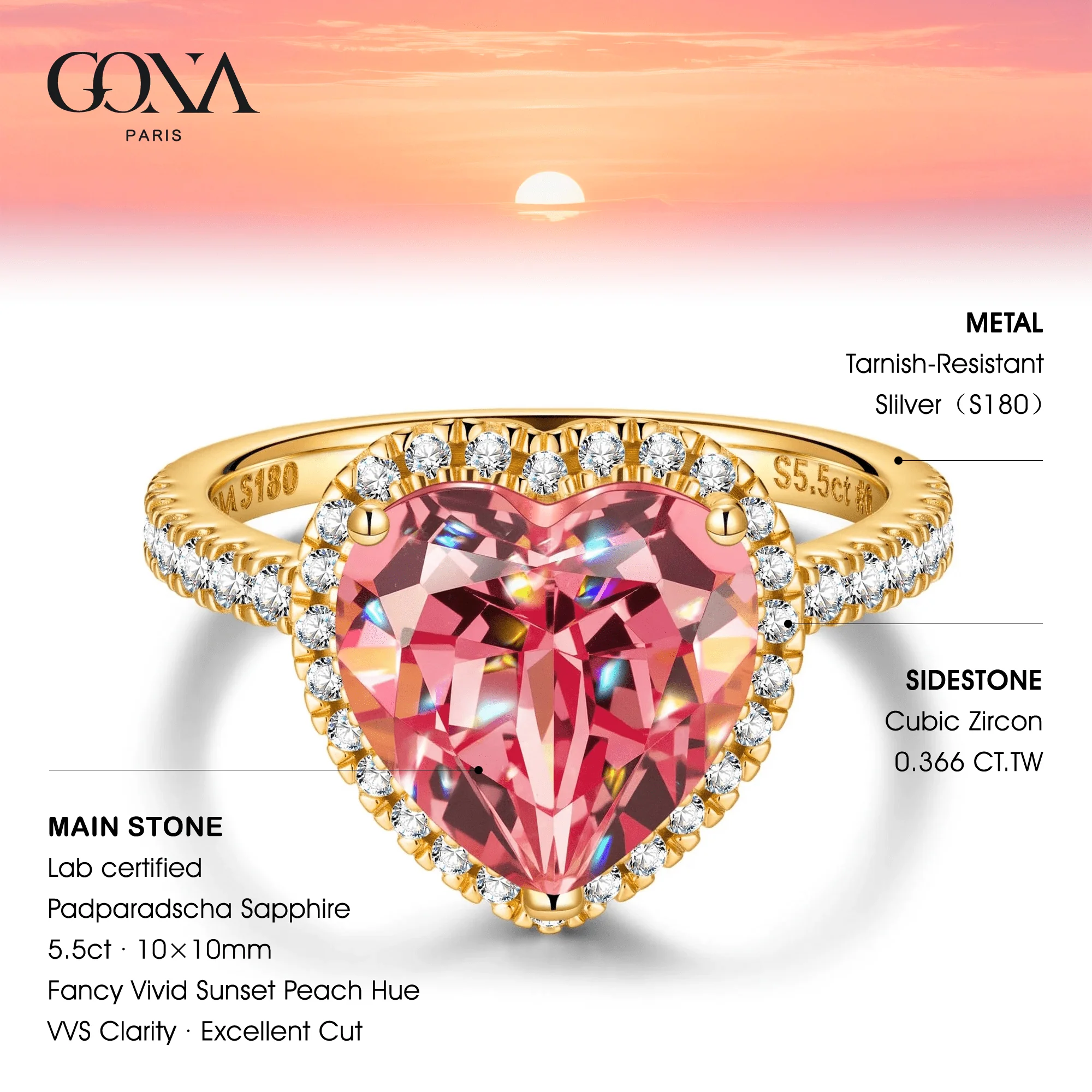 Heart Brilliant Cut Fancy Vivid Sunset Peach Hue Lab-Certified Padparadscha Sapphire - Halo Classic Engagement Ring 14K Yellow Gold Plated (Includes GRC Certification from Gemstone Research Center) - Image 2