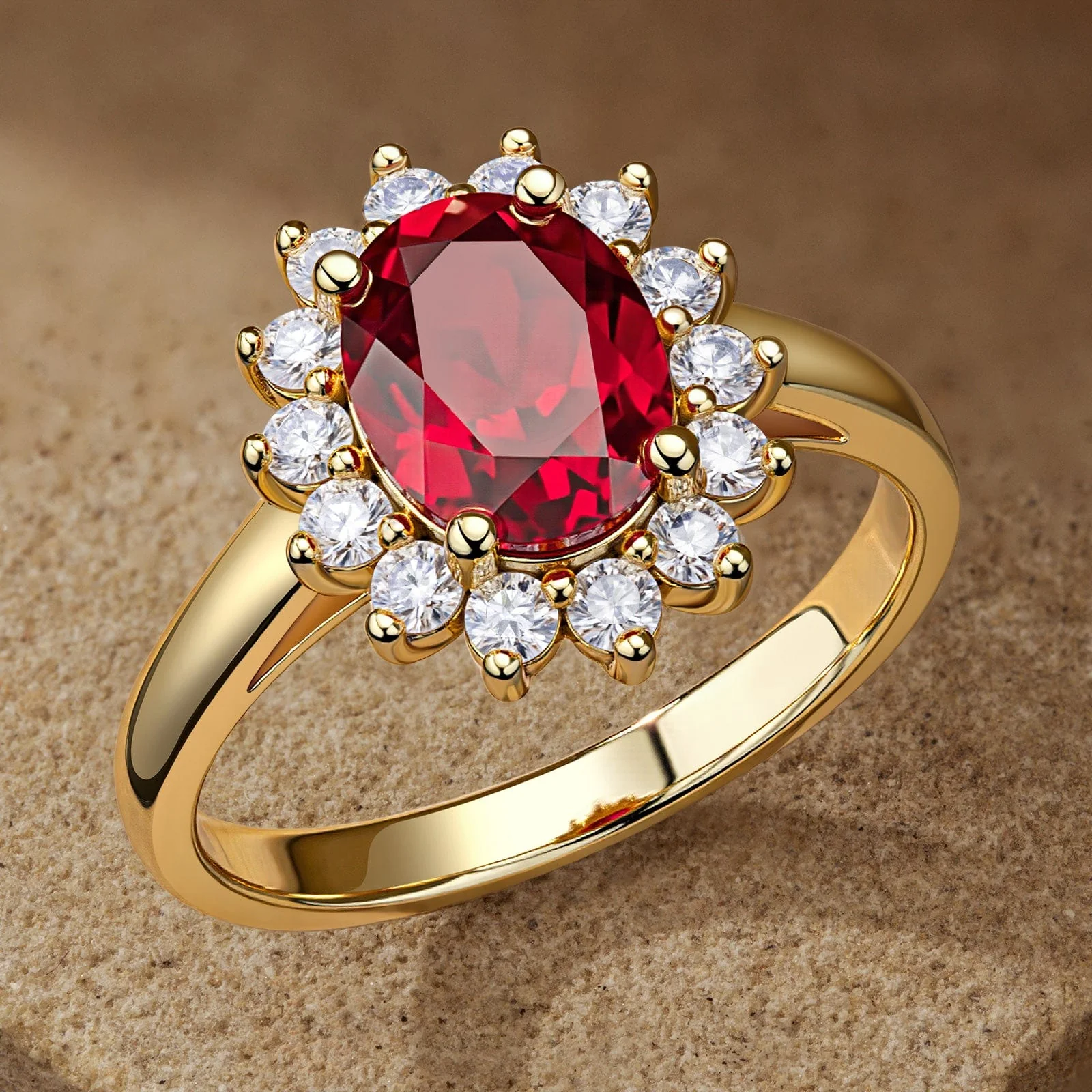 Oval Brilliant Cut Vivid Pigeon Blood Red Lab-Certified Ruby - Halo Classic Engagement Ring 14K Yellow Gold Plated (Includes GRC Certification from Gemstone Research Center) - Image 4