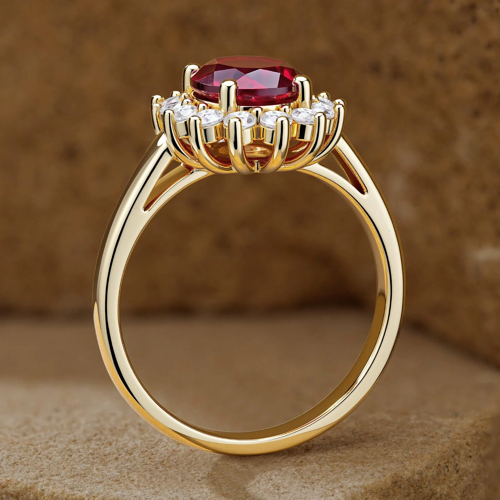 Oval Brilliant Cut Vivid Pigeon Blood Red Lab-Certified Ruby - Halo Classic Engagement Ring 14K Yellow Gold Plated (Includes GRC Certification from Gemstone Research Center) - Image 5