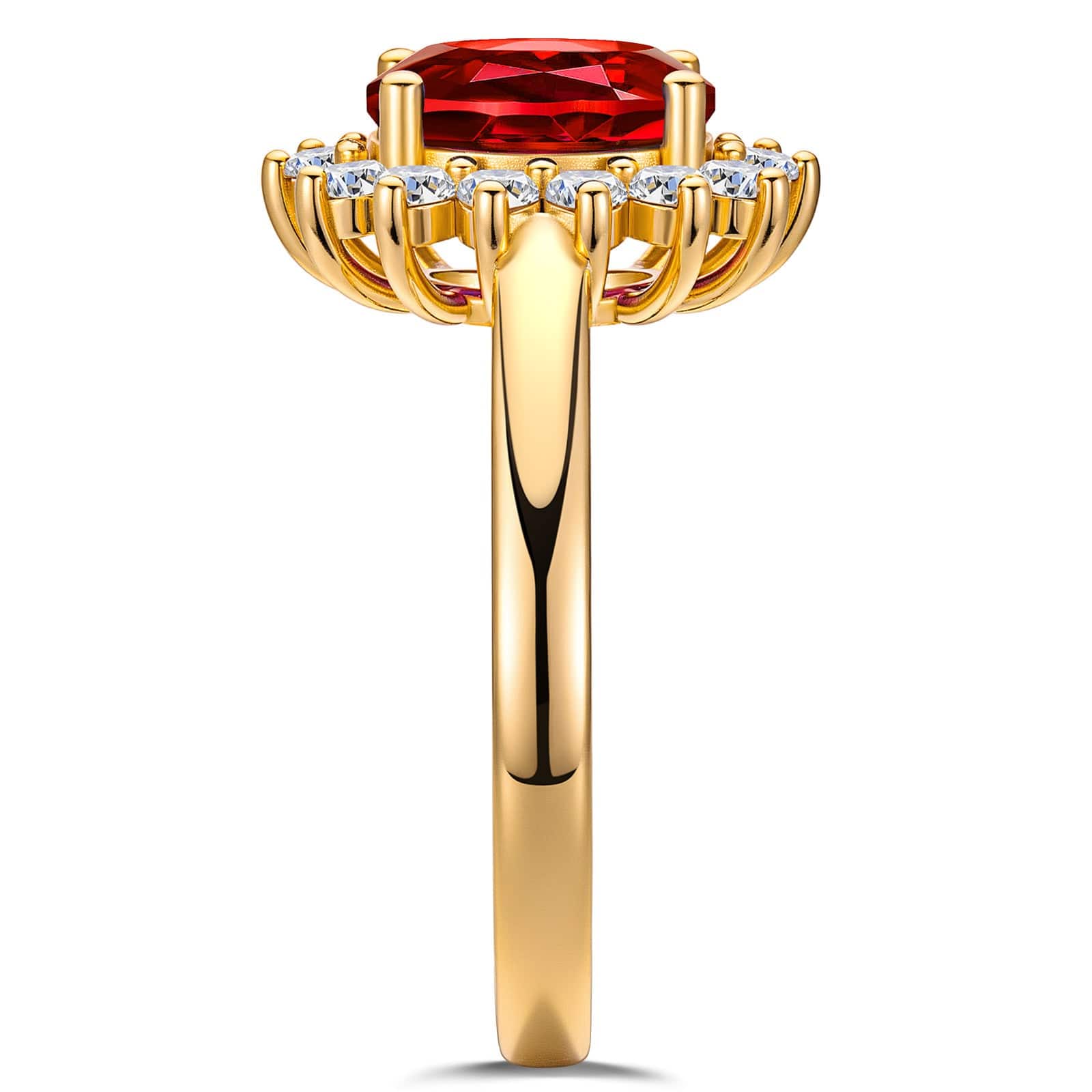 Oval Brilliant Cut Vivid Pigeon Blood Red Lab-Certified Ruby - Halo Classic Engagement Ring 14K Yellow Gold Plated (Includes GRC Certification from Gemstone Research Center) - Image 7