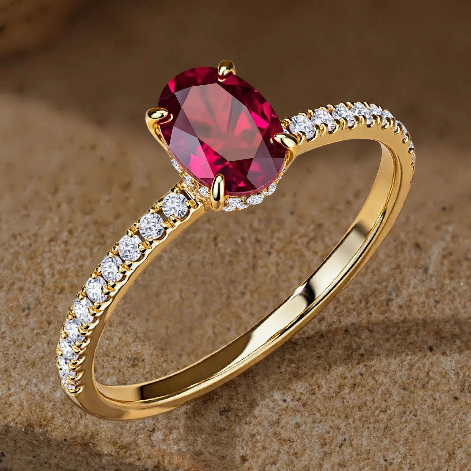 Oval Brilliant Cut Vivid Pigeon Blood Red Lab-Certified Ruby - Pave Classic Engagement Ring 14K Yellow Gold Plated (Includes GRC Certification from Gemstone Research Center) - Image 4