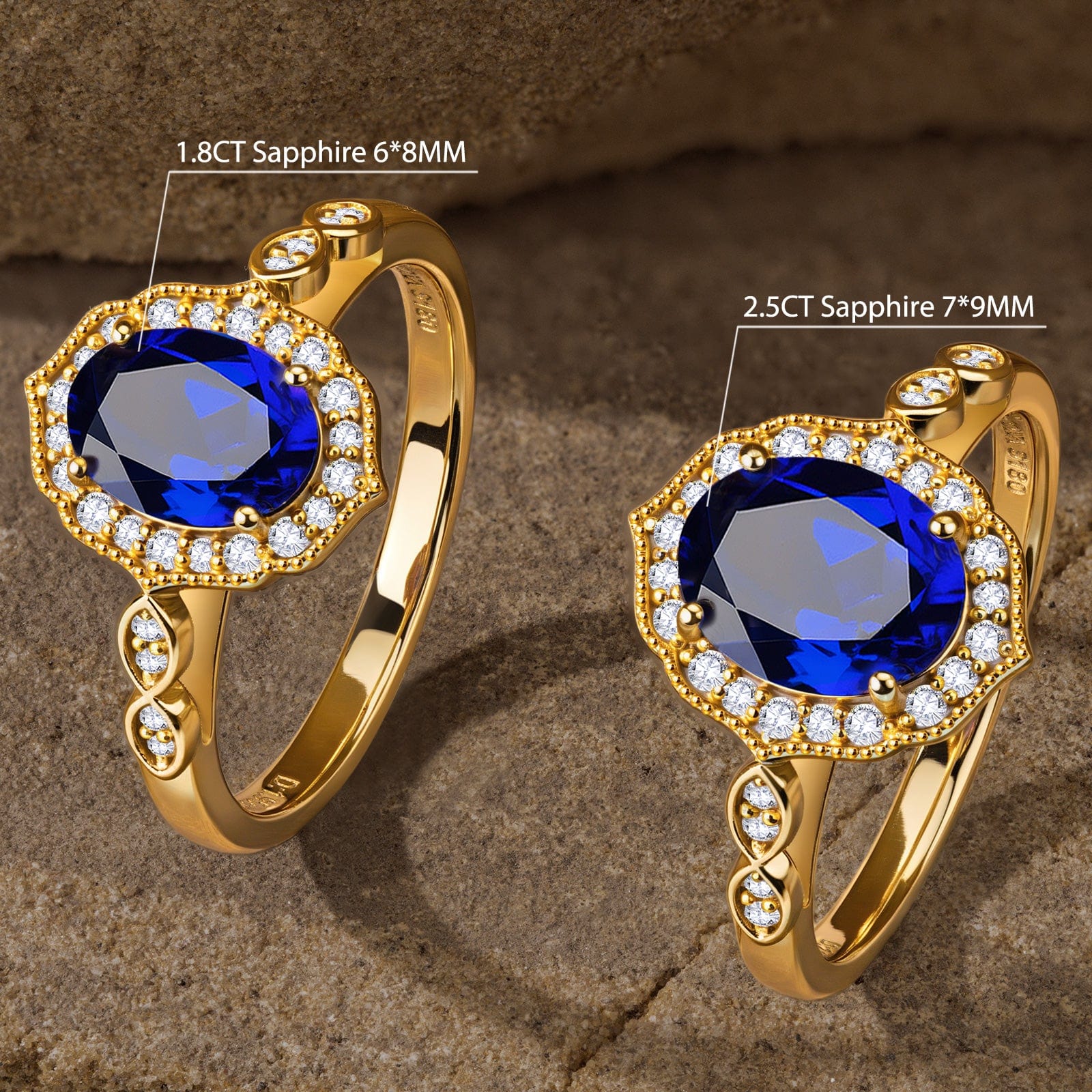 Oval Brilliant Cut Royal Blue Hue Lab-Certified Blue Sapphire - Halo Classic Engagement Ring 14K Yellow Gold Plated (Includes GRC Certification from Gemstone Research Center) - Image 3