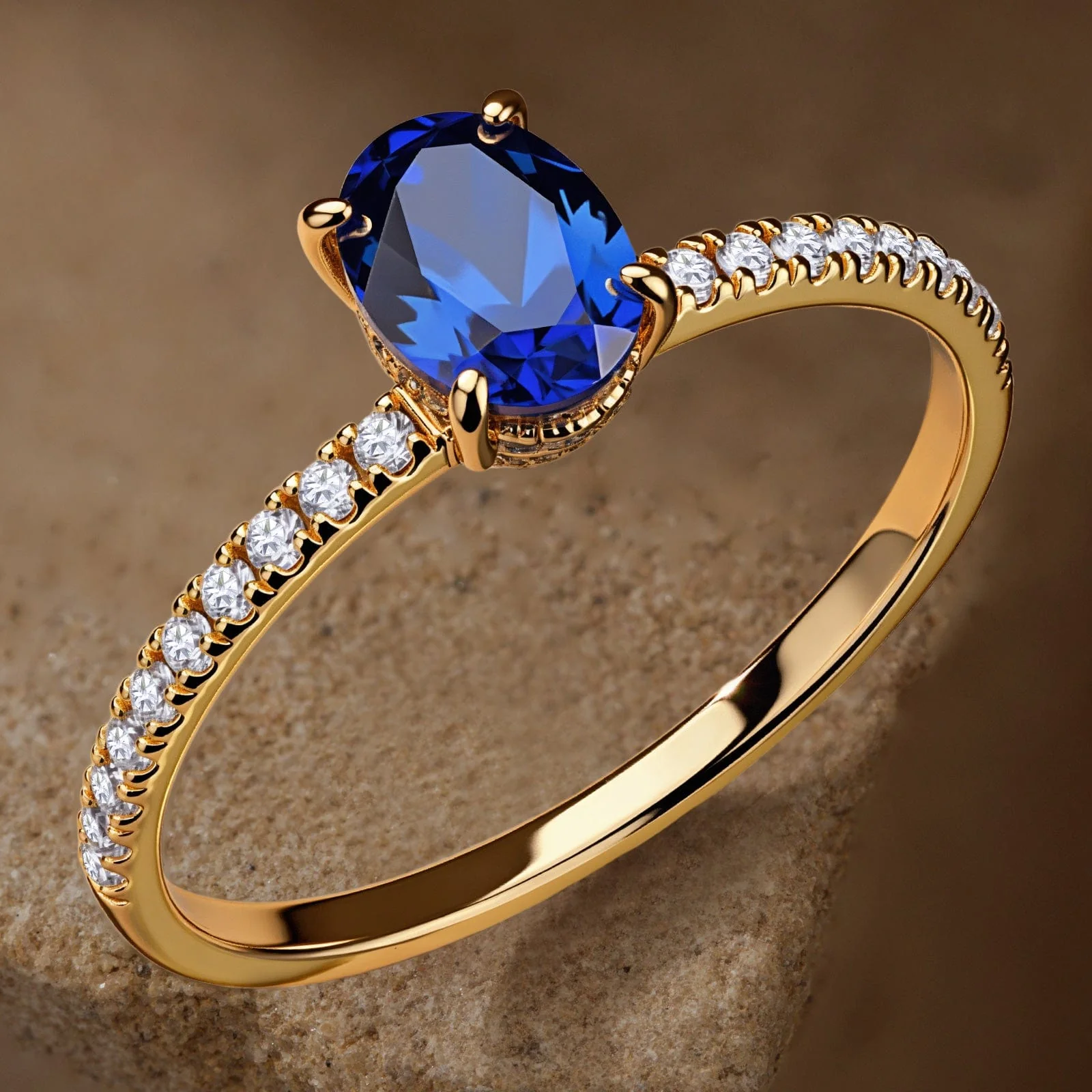Oval Brilliant Cut Royal Blue Hue Lab-Certified Blue Sapphire - Pave Classic Engagement Ring 14K Yellow Gold Plated (Includes GRC Certification from Gemstone Research Center) - Image 4