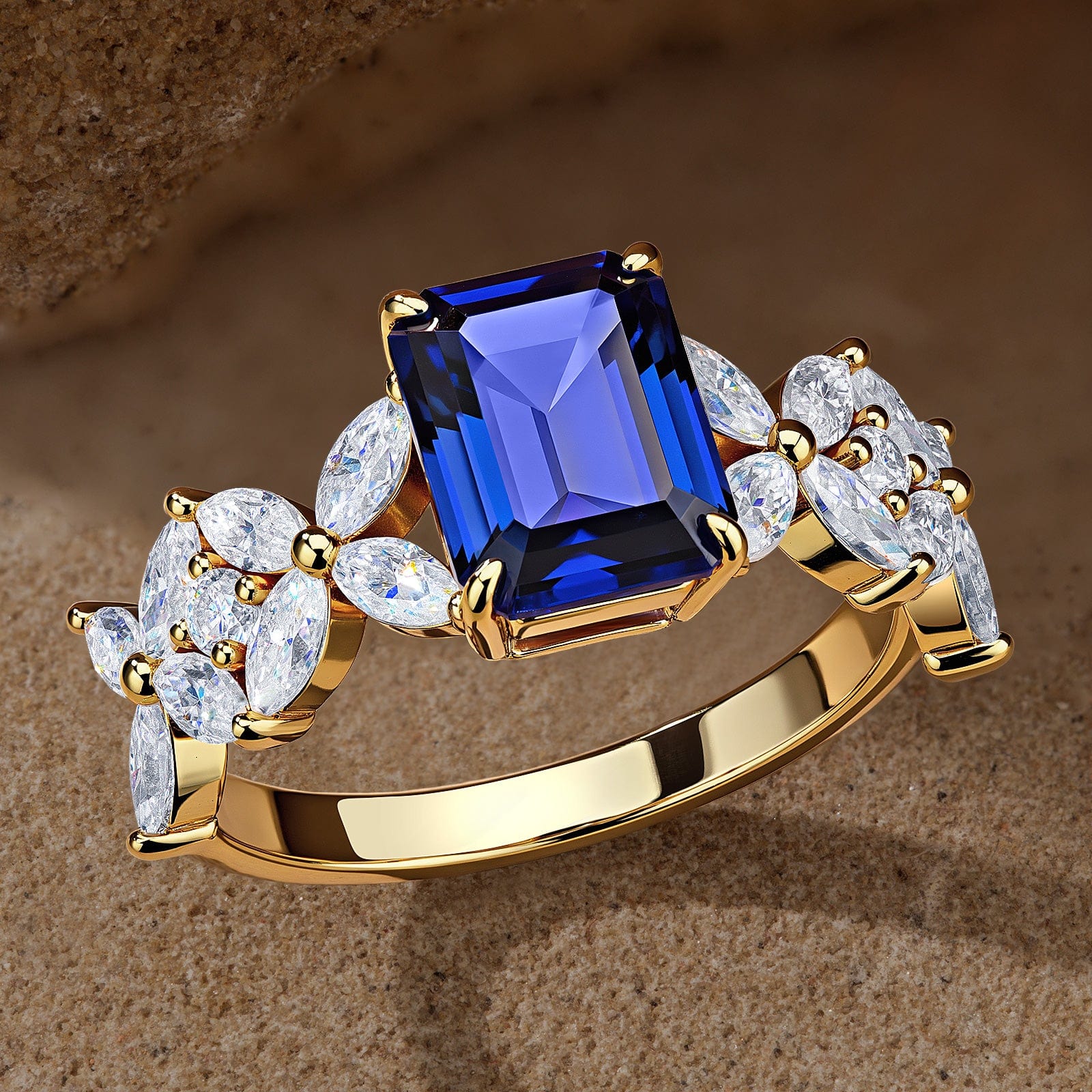 Emerald-Cut Royal Blue Hue Lab-Certified Blue Sapphire - Pave Classic Engagement Ring 14K Yellow Gold Plated (Includes GRC Certification from Gemstone Research Center) - Image 4