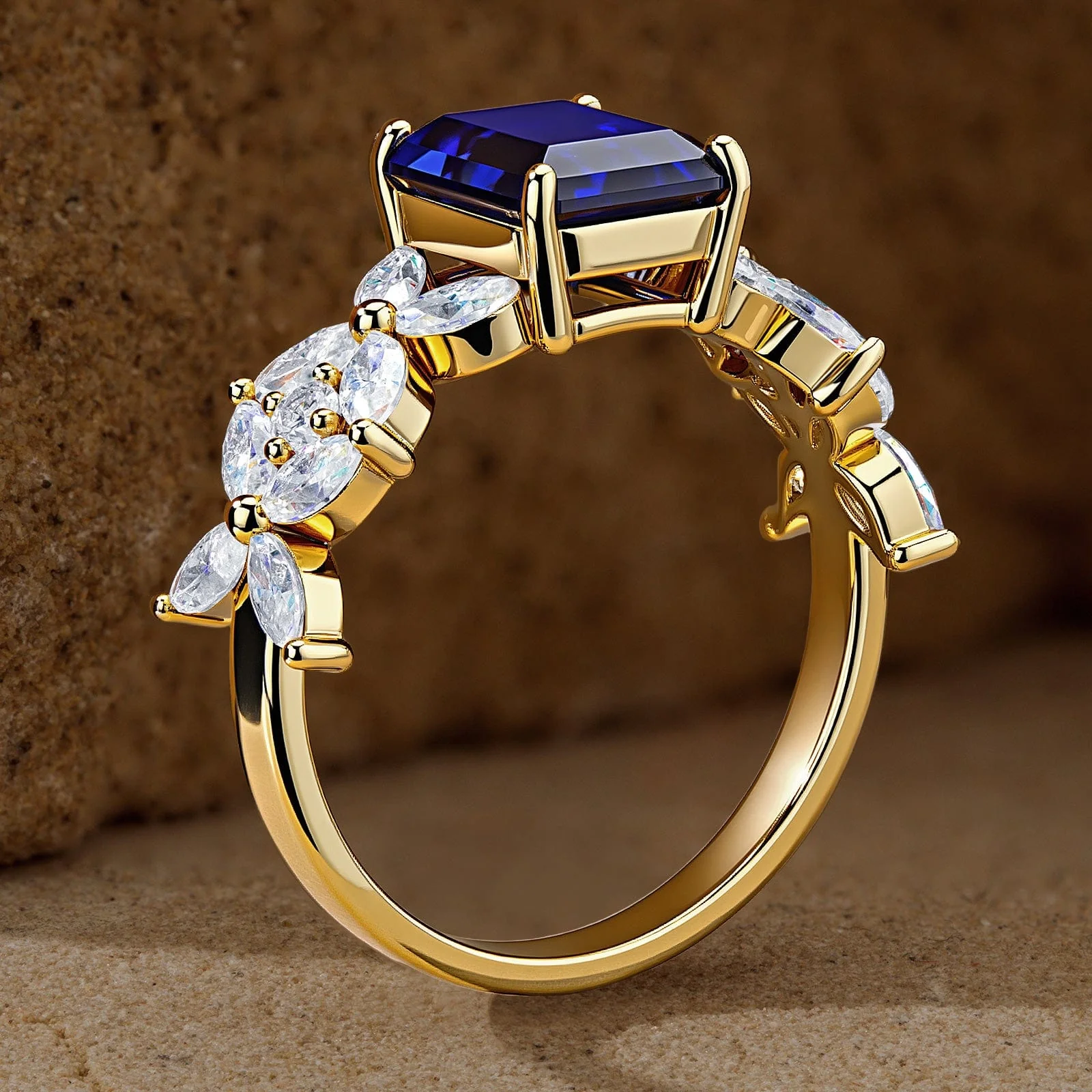 Emerald-Cut Royal Blue Hue Lab-Certified Blue Sapphire - Pave Classic Engagement Ring 14K Yellow Gold Plated (Includes GRC Certification from Gemstone Research Center) - Image 5