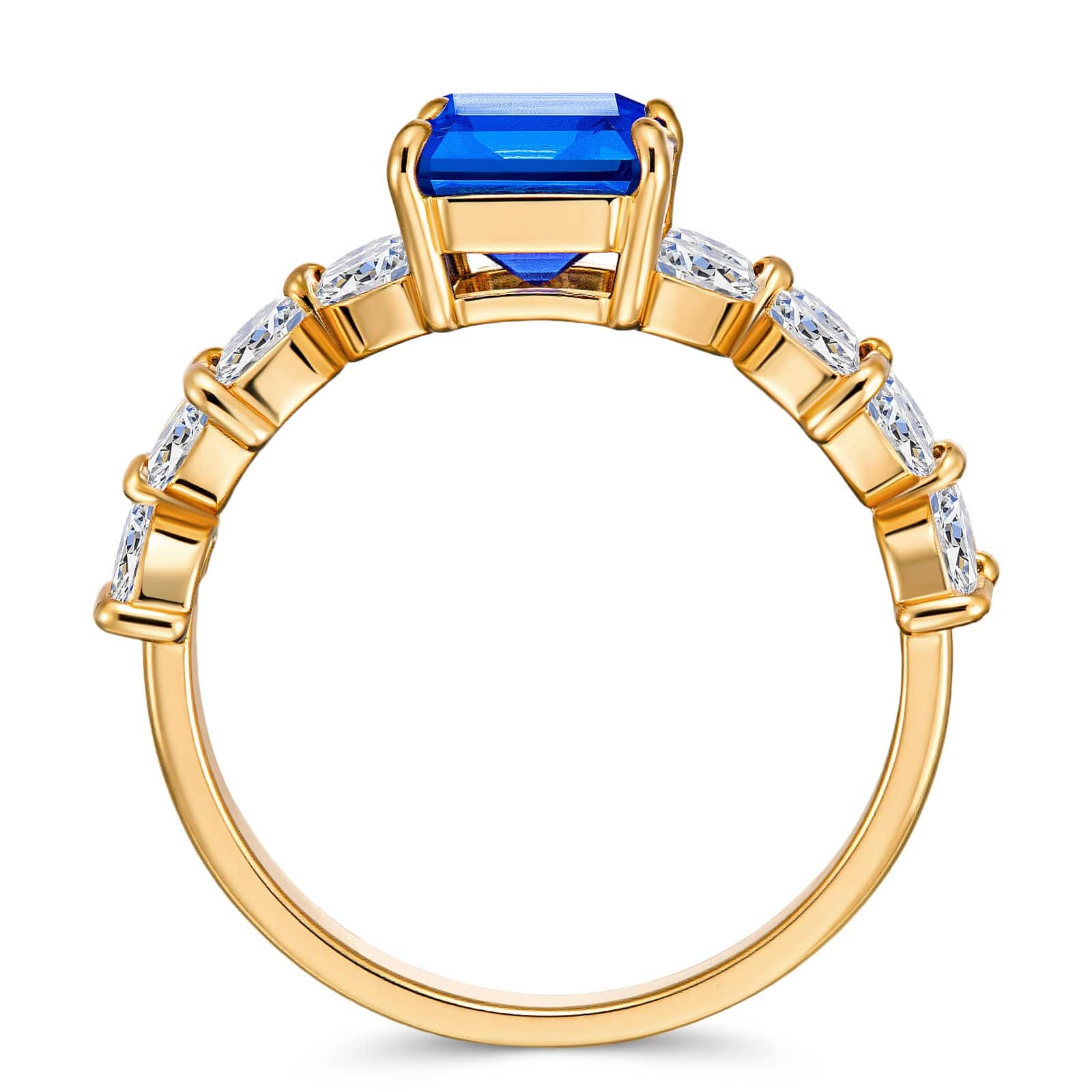 Emerald-Cut Royal Blue Hue Lab-Certified Blue Sapphire - Pave Classic Engagement Ring 14K Yellow Gold Plated (Includes GRC Certification from Gemstone Research Center) - Image 6