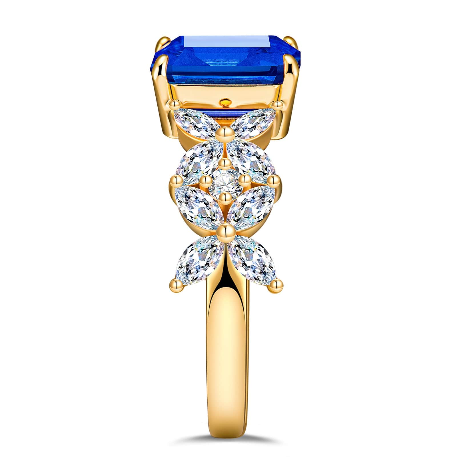 Emerald-Cut Royal Blue Hue Lab-Certified Blue Sapphire - Pave Classic Engagement Ring 14K Yellow Gold Plated (Includes GRC Certification from Gemstone Research Center) - Image 7