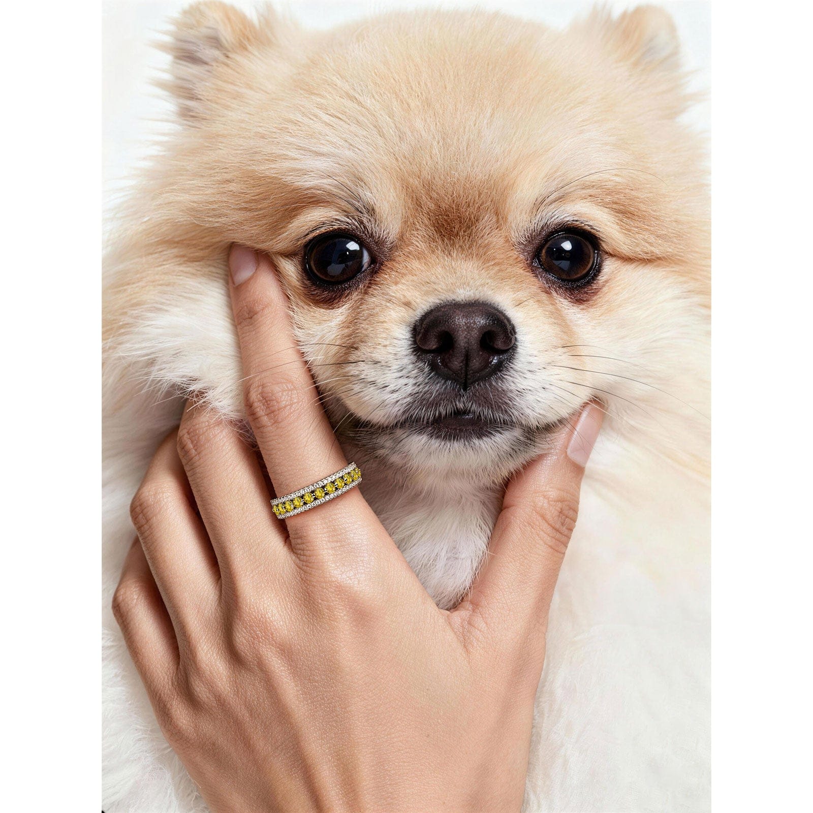 Round Brilliant Cut Fancy Vivid Yellow Lab-Certified Yellow Sapphire - Half Eternity Ring White Gold Plated (Includes GRC Certification from Gemstone Research Center) - Image 2