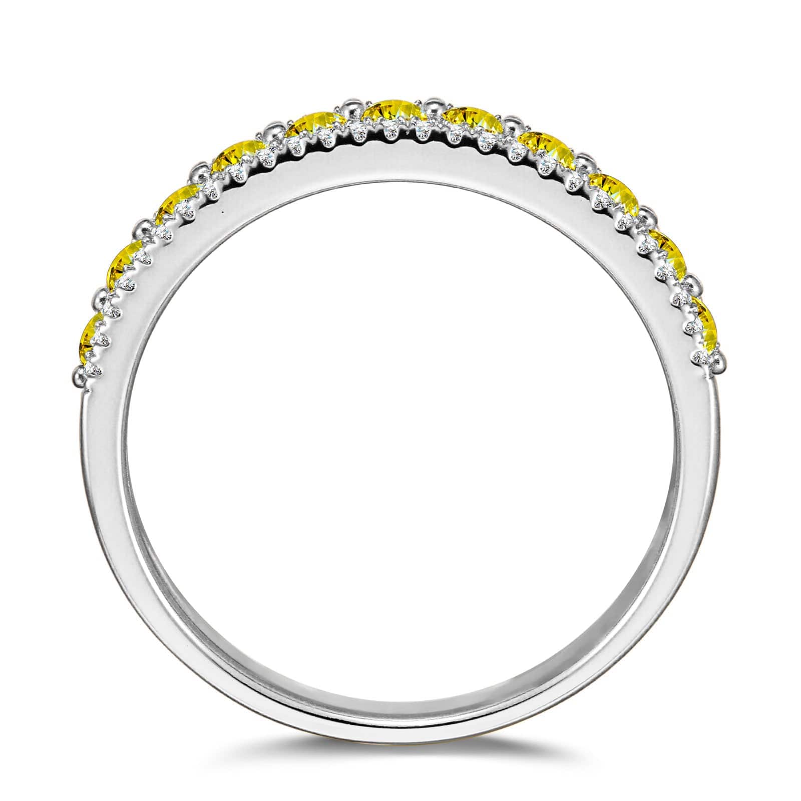 Round Brilliant Cut Fancy Vivid Yellow Lab-Certified Yellow Sapphire - Half Eternity Ring White Gold Plated (Includes GRC Certification from Gemstone Research Center) - Image 3