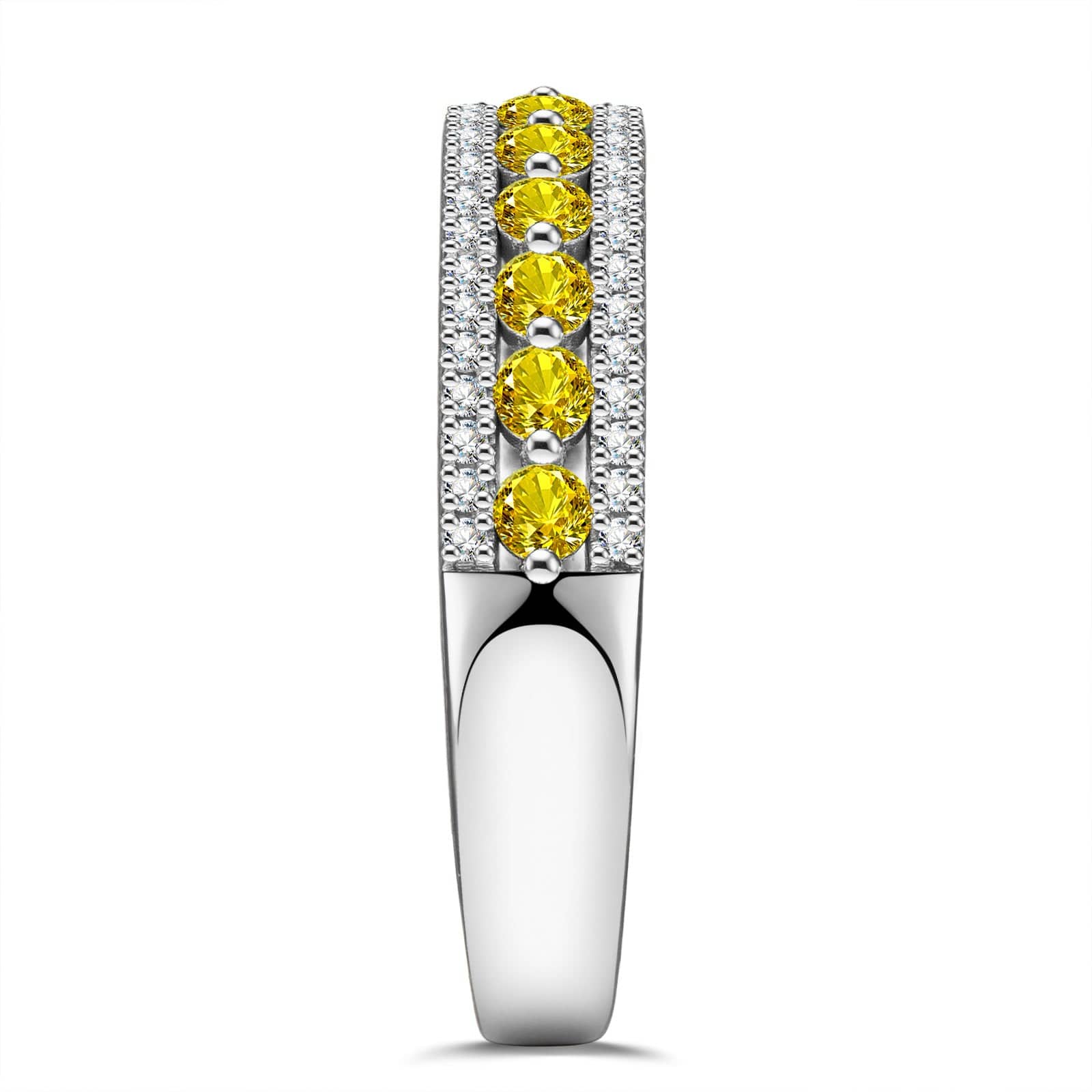 Round Brilliant Cut Fancy Vivid Yellow Lab-Certified Yellow Sapphire - Half Eternity Ring White Gold Plated (Includes GRC Certification from Gemstone Research Center) - Image 4