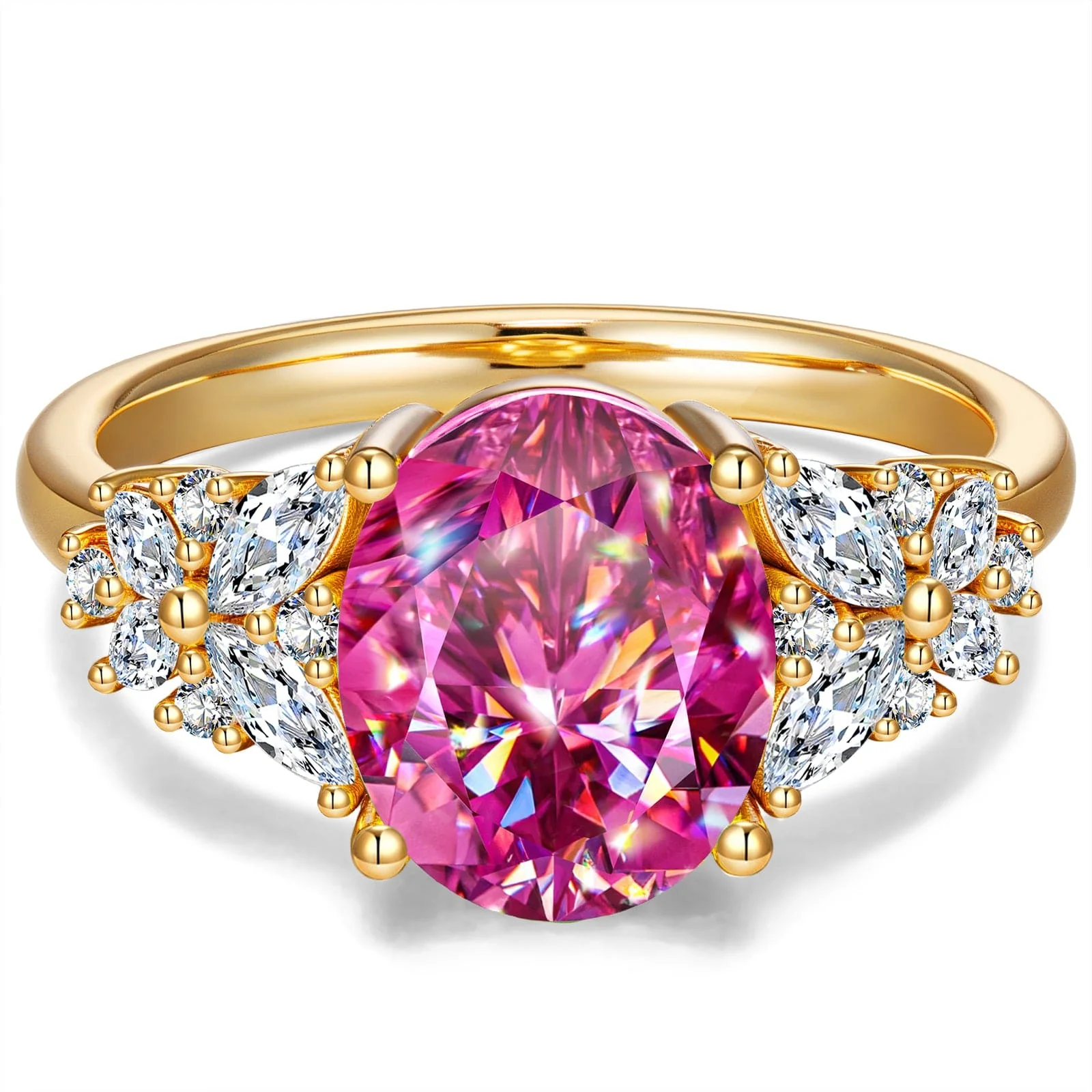 Oval Brilliant Cut Fancy Vivid Rose Hue Lab-Certified Pink Sapphire - Halo Classic Engagement Ring 14K Yellow Gold Plated (Includes GRC Certification from Gemstone Research Center)