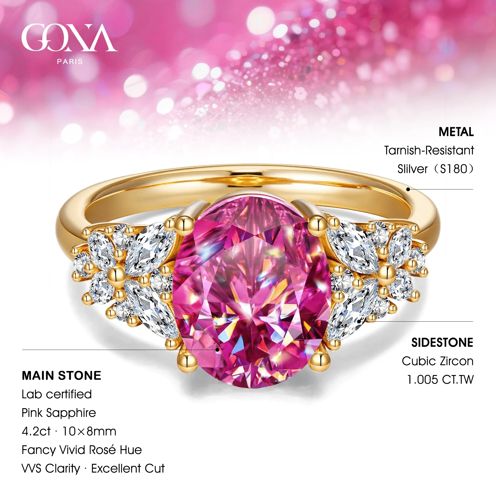 Oval Brilliant Cut Fancy Vivid Rose Hue Lab-Certified Pink Sapphire - Halo Classic Engagement Ring 14K Yellow Gold Plated (Includes GRC Certification from Gemstone Research Center) - Image 2